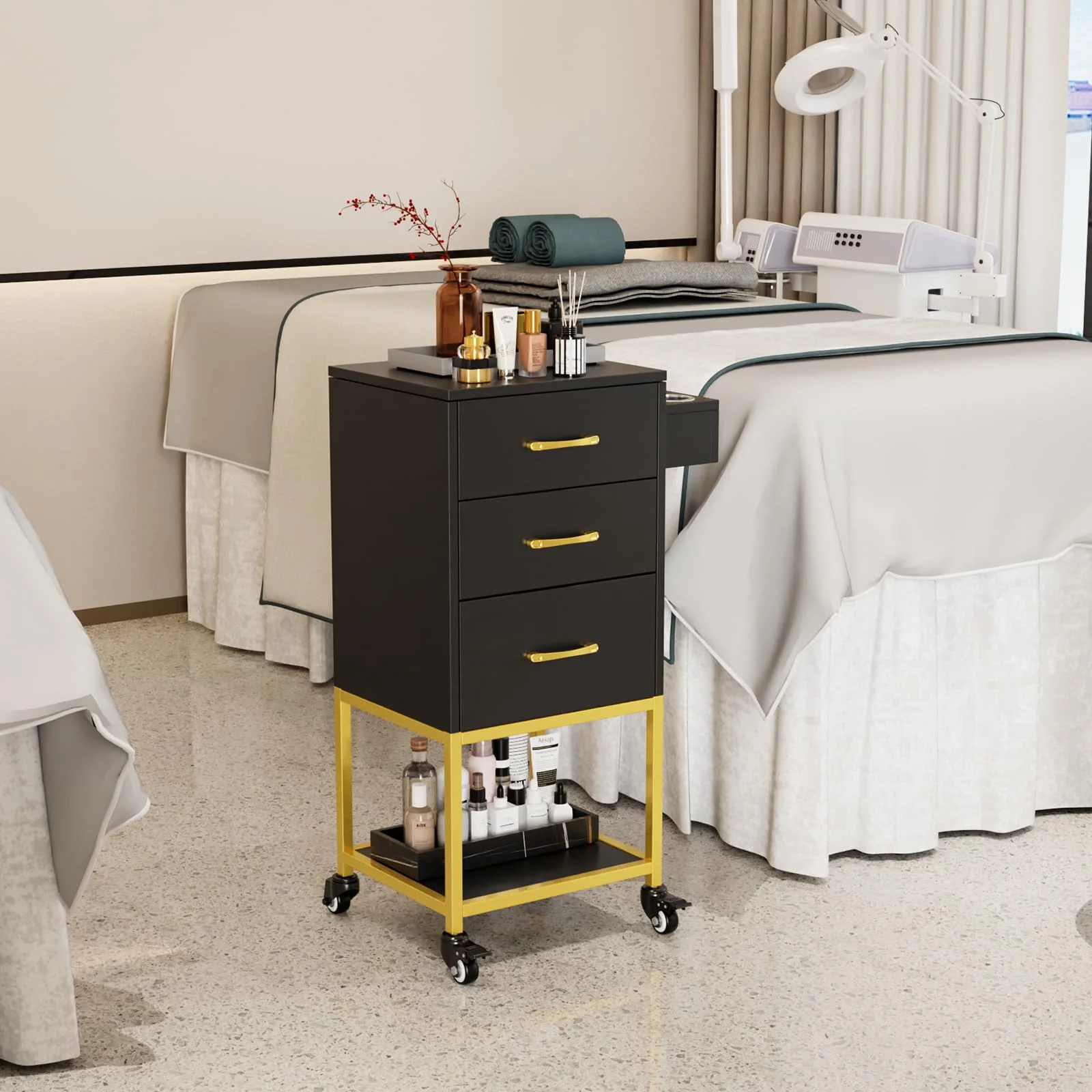 OmySalon ST-2501 Wooden Rolling Storage Trolley Cart w/Wheels & 3 Dreawers 1 Bottom Compartment Plate Hair Dryer Holders - Image 9