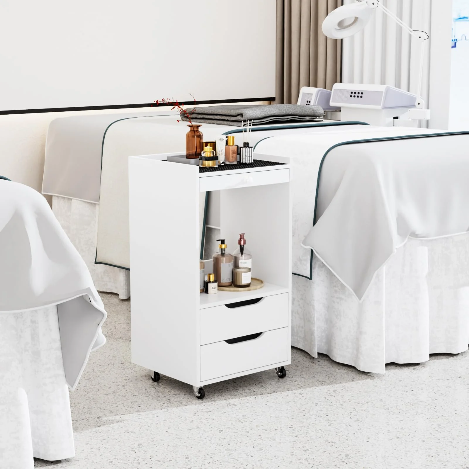 OmySalon Wooden Rolling Utility Esthetician Trolley Cart with Non-Slip Pads & Open Shelf 2 Dreawers - Image 2