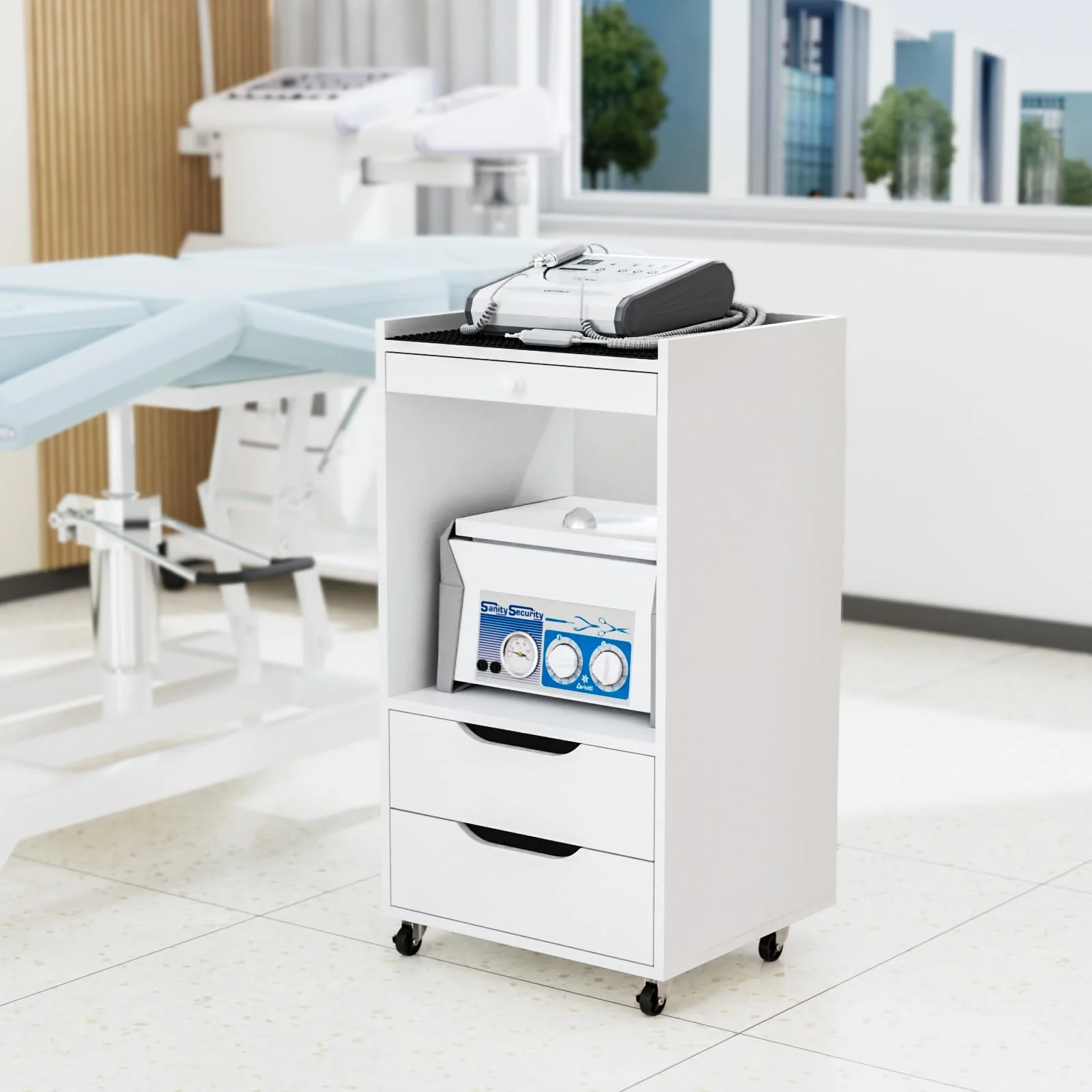 OmySalon Wooden Rolling Utility Esthetician Trolley Cart with Non-Slip Pads & Open Shelf 2 Dreawers - Image 8