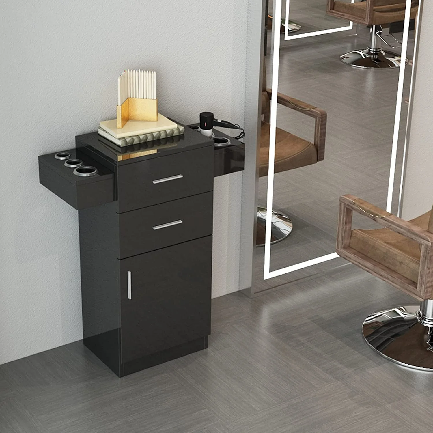 OmySalon HSC-10 Free Standing Wooden Salon Barber Station Cabinet w/2 drawers 1 Cabinet 6 Hair Dryer Holders - Image 3