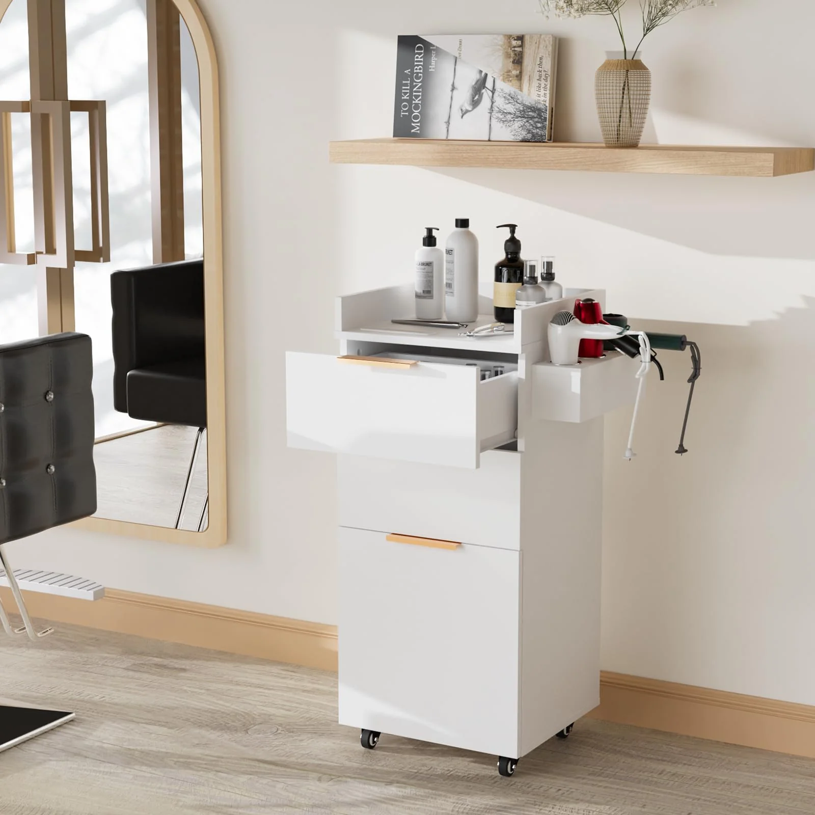 OmySalon ST-2001 Wooden Mobile Salon Trolley Cart w/Wheels & 2 Drawers 1 Storage Cabinet - Image 11