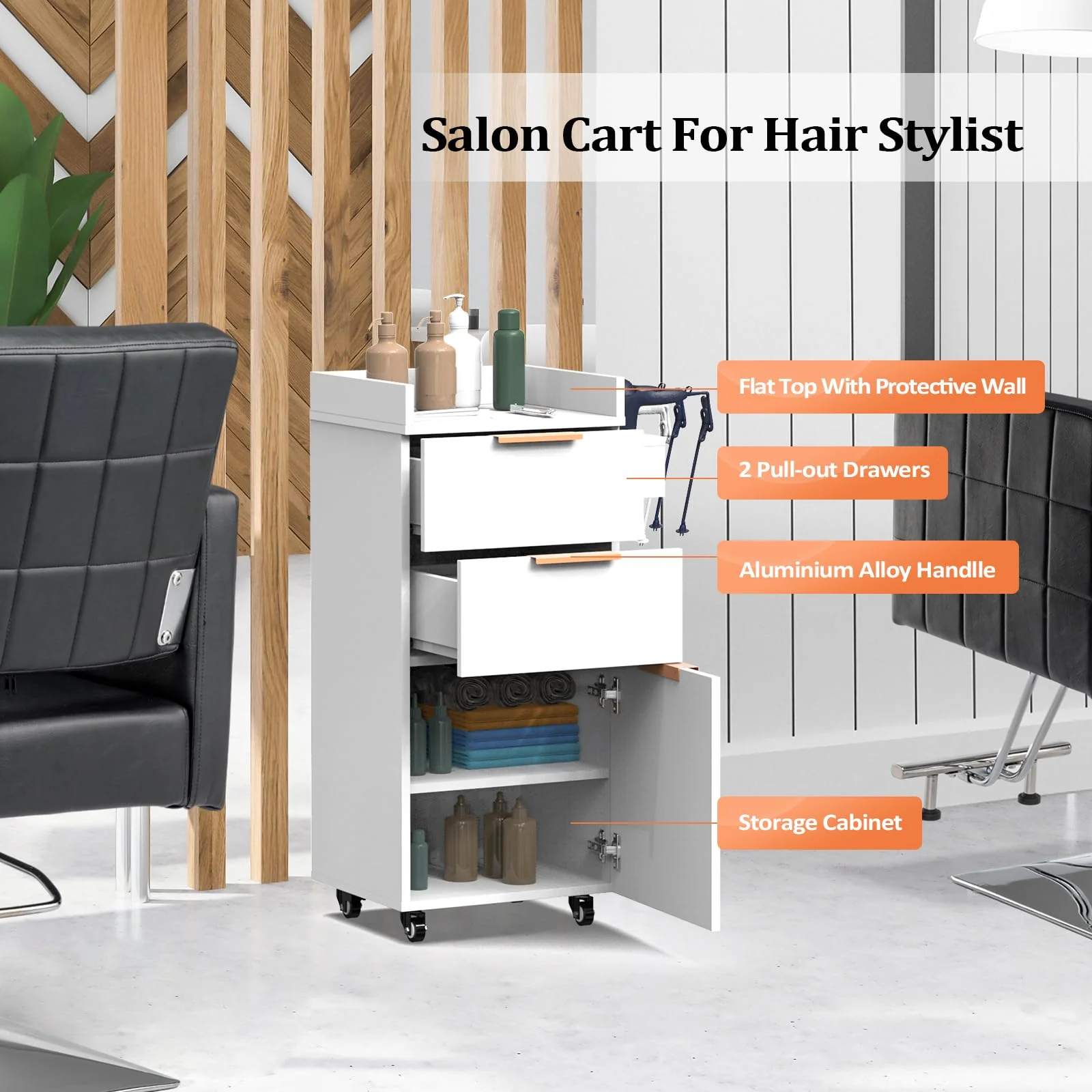OmySalon ST-2001 Wooden Mobile Salon Trolley Cart w/Wheels & 2 Drawers 1 Storage Cabinet - Image 13