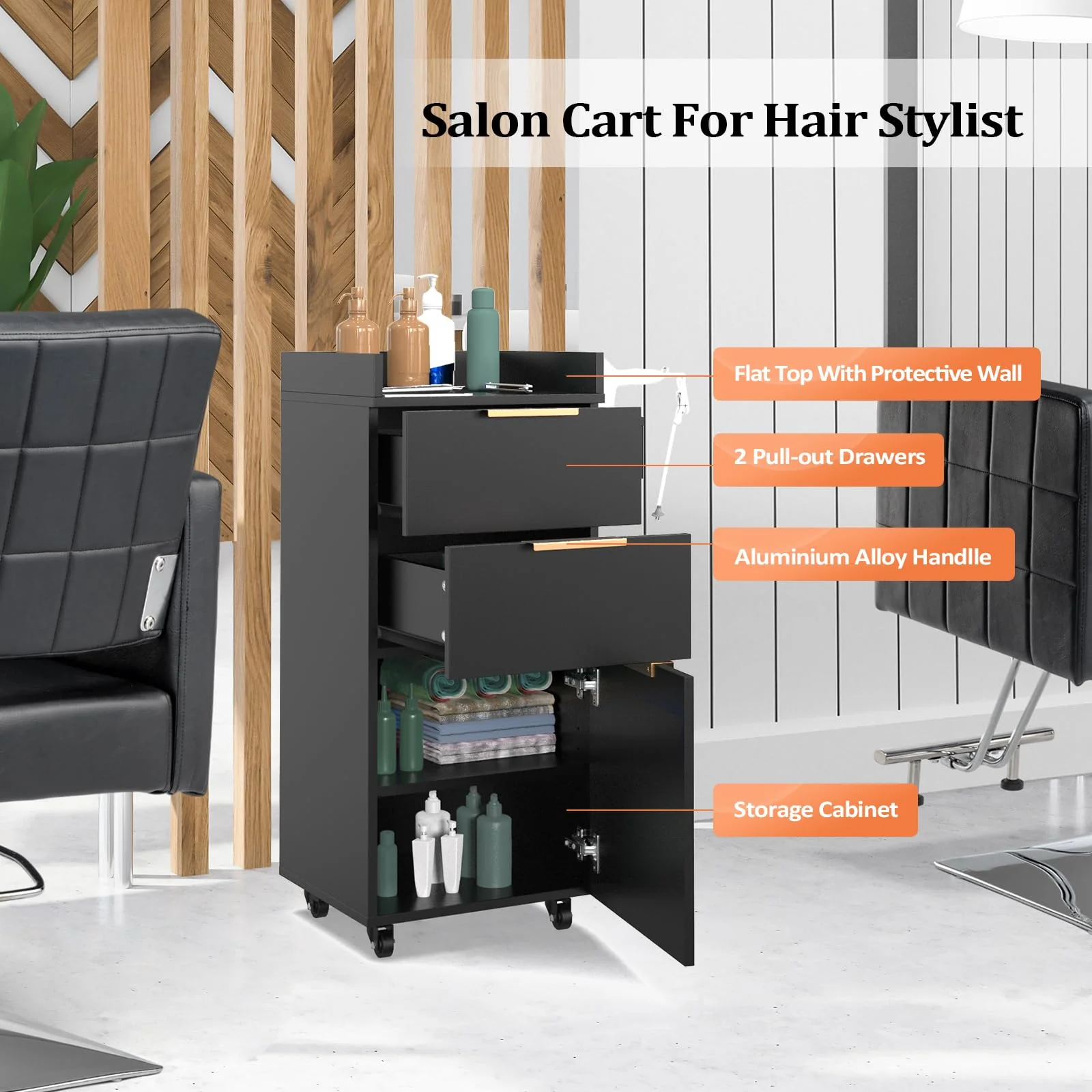 OmySalon ST-2001 Wooden Mobile Salon Trolley Cart w/Wheels & 2 Drawers 1 Storage Cabinet - Image 4