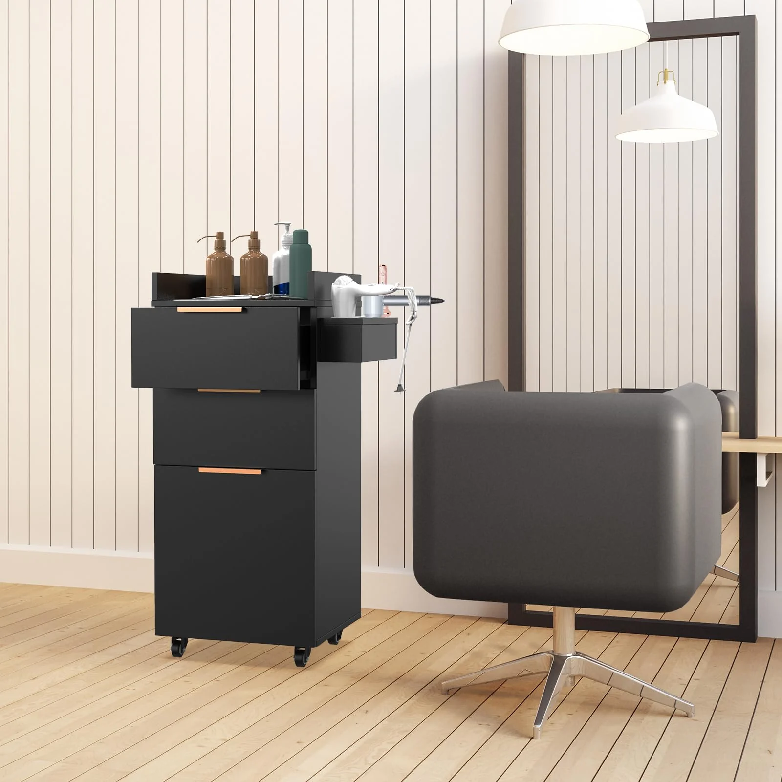 OmySalon ST-2001 Wooden Mobile Salon Trolley Cart w/Wheels & 2 Drawers 1 Storage Cabinet - Image 9