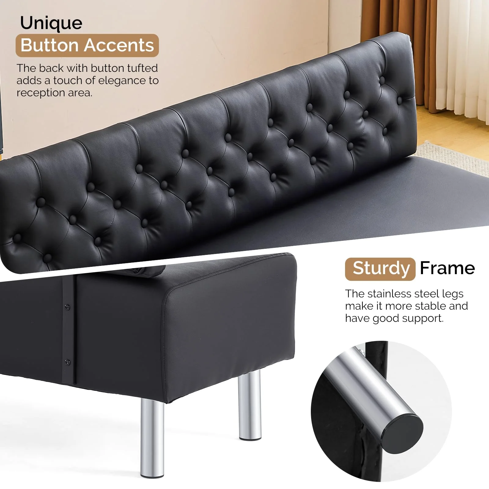 OmySalon WRB1501 58.6in Upholstered Waiting Room Reception Bench Chair with Button Tufted Backrest - Image 5