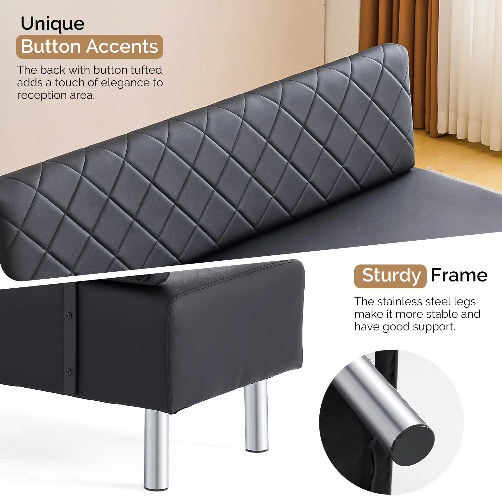 OmySalon WRB1502 58.6in Upholstered Waiting Room Reception Bench Chair with Diamond Quilted Backrest - Image 5