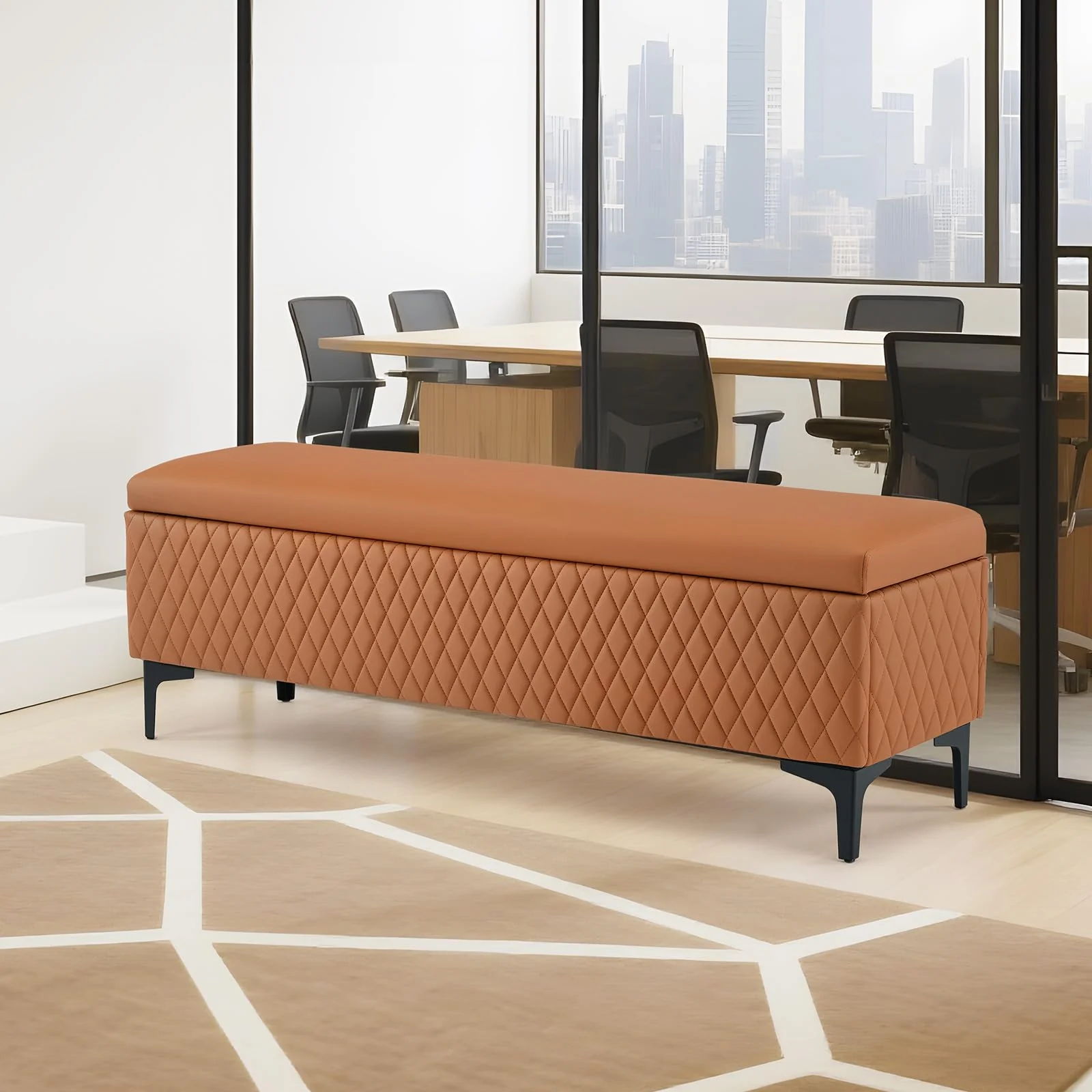 OmySalon WRB1701 53.7in Faux Leather Waiting Room Reception Bench Chair with Hidden Storage - Image 16