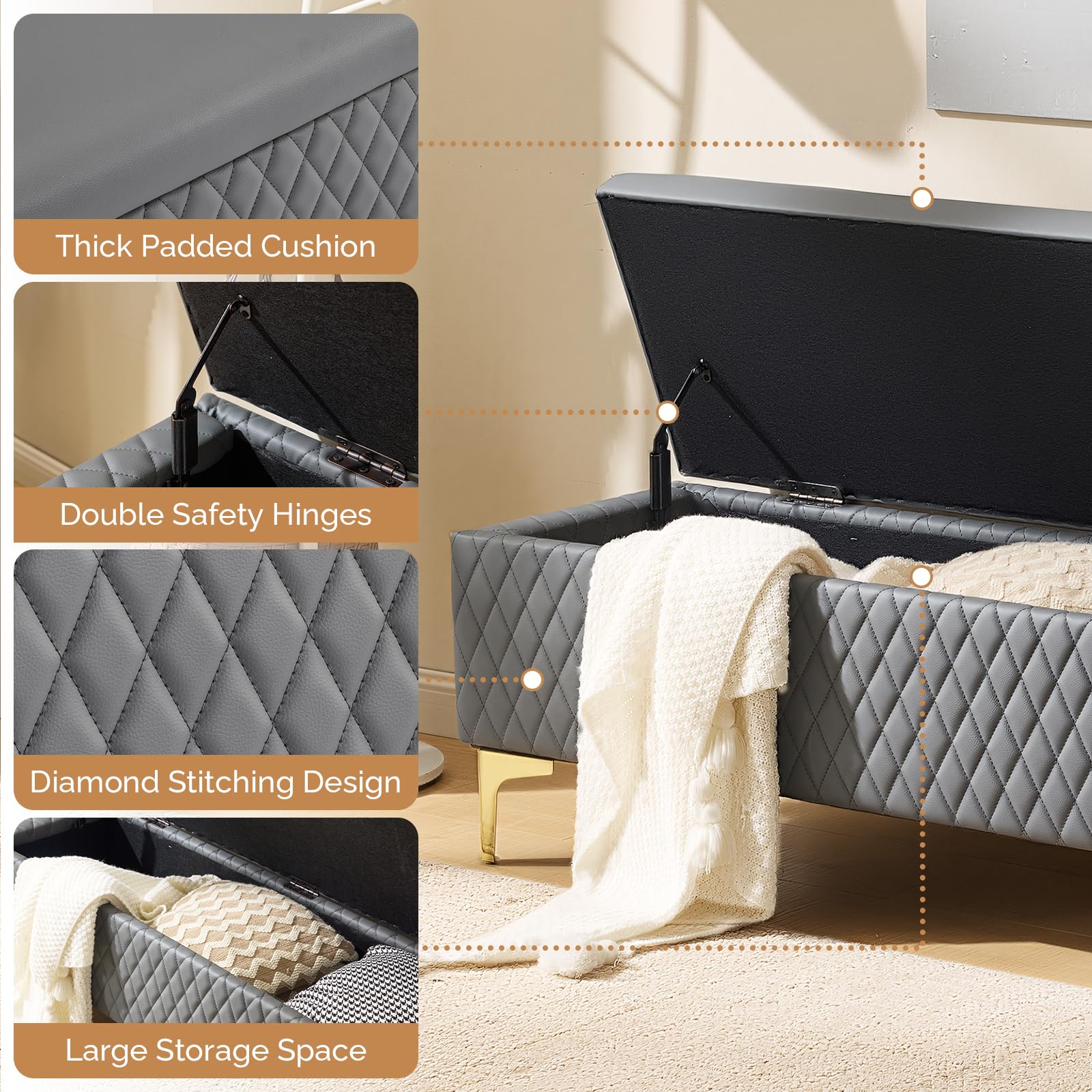 OmySalon WRB1701 53.7in Faux Leather Waiting Room Reception Bench Chair with Hidden Storage - Image 21