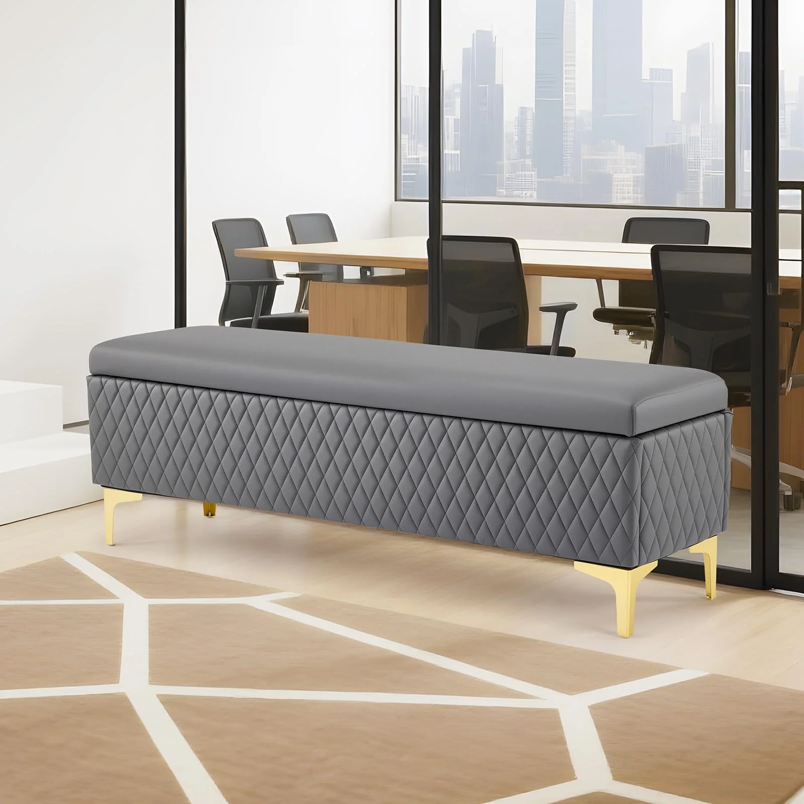 OmySalon WRB1701 53.7in Faux Leather Waiting Room Reception Bench Chair with Hidden Storage - Image 24