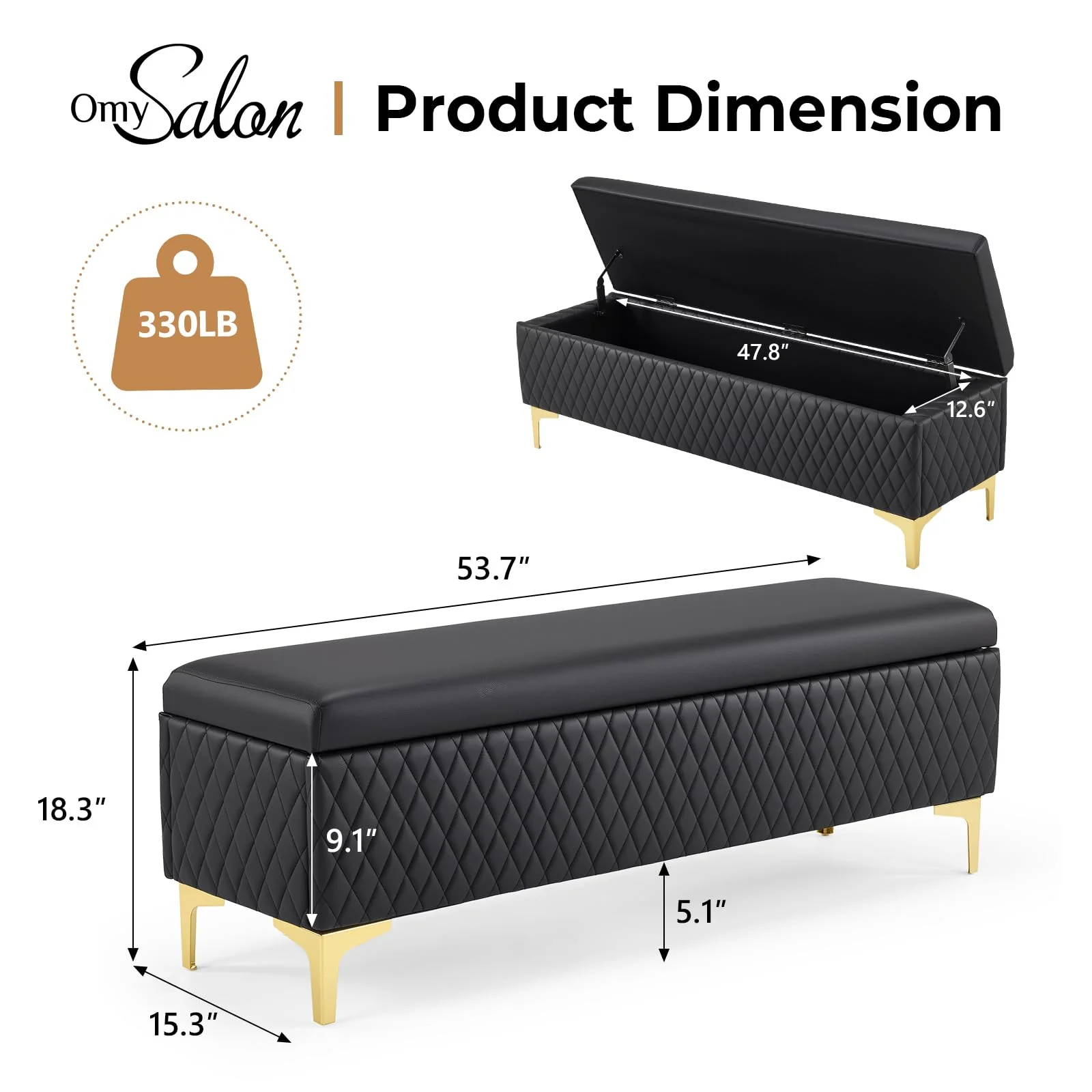 OmySalon WRB1701 53.7in Faux Leather Waiting Room Reception Bench Chair with Hidden Storage - Image 3