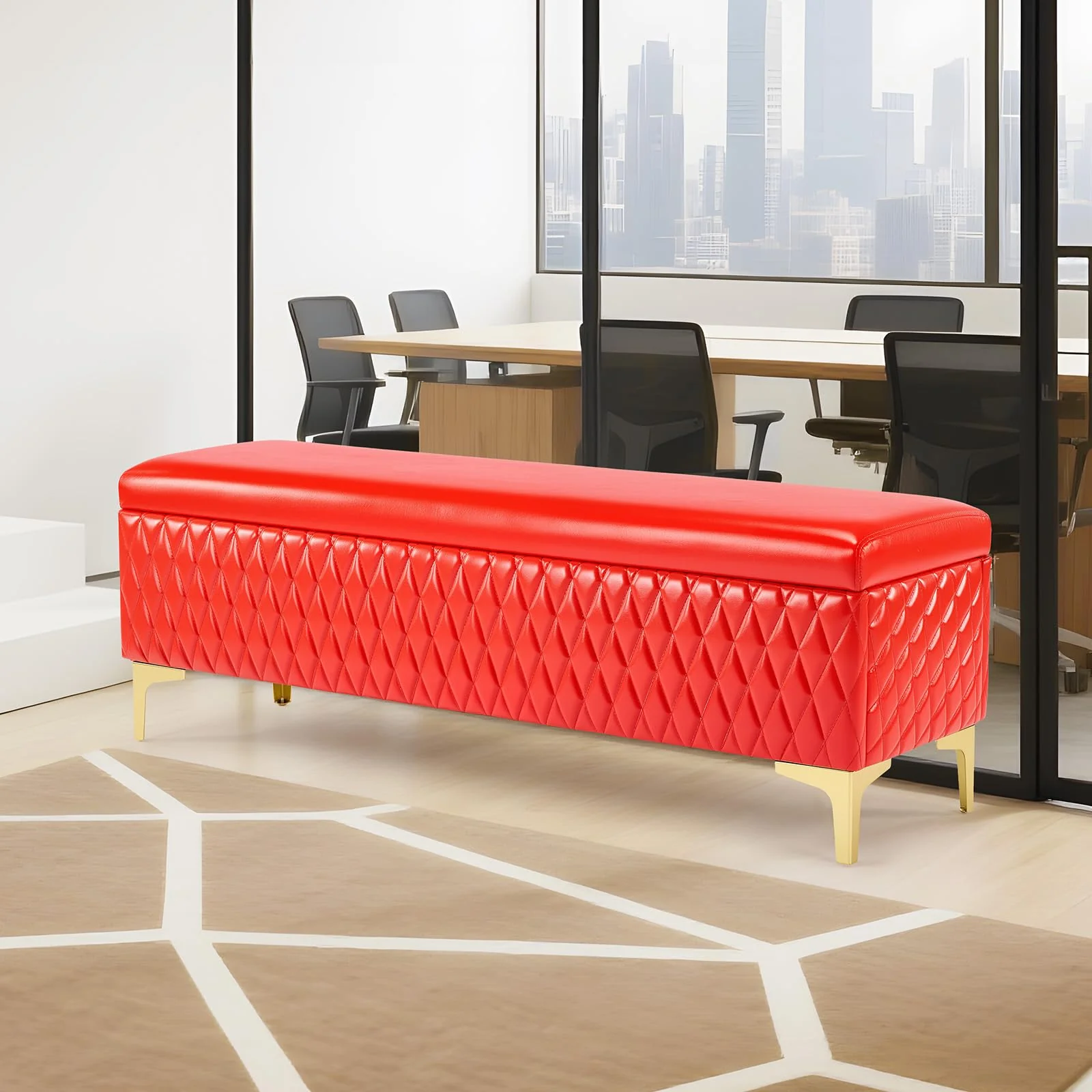 OmySalon WRB1701 53.7in Faux Leather Waiting Room Reception Bench Chair with Hidden Storage - Image 32