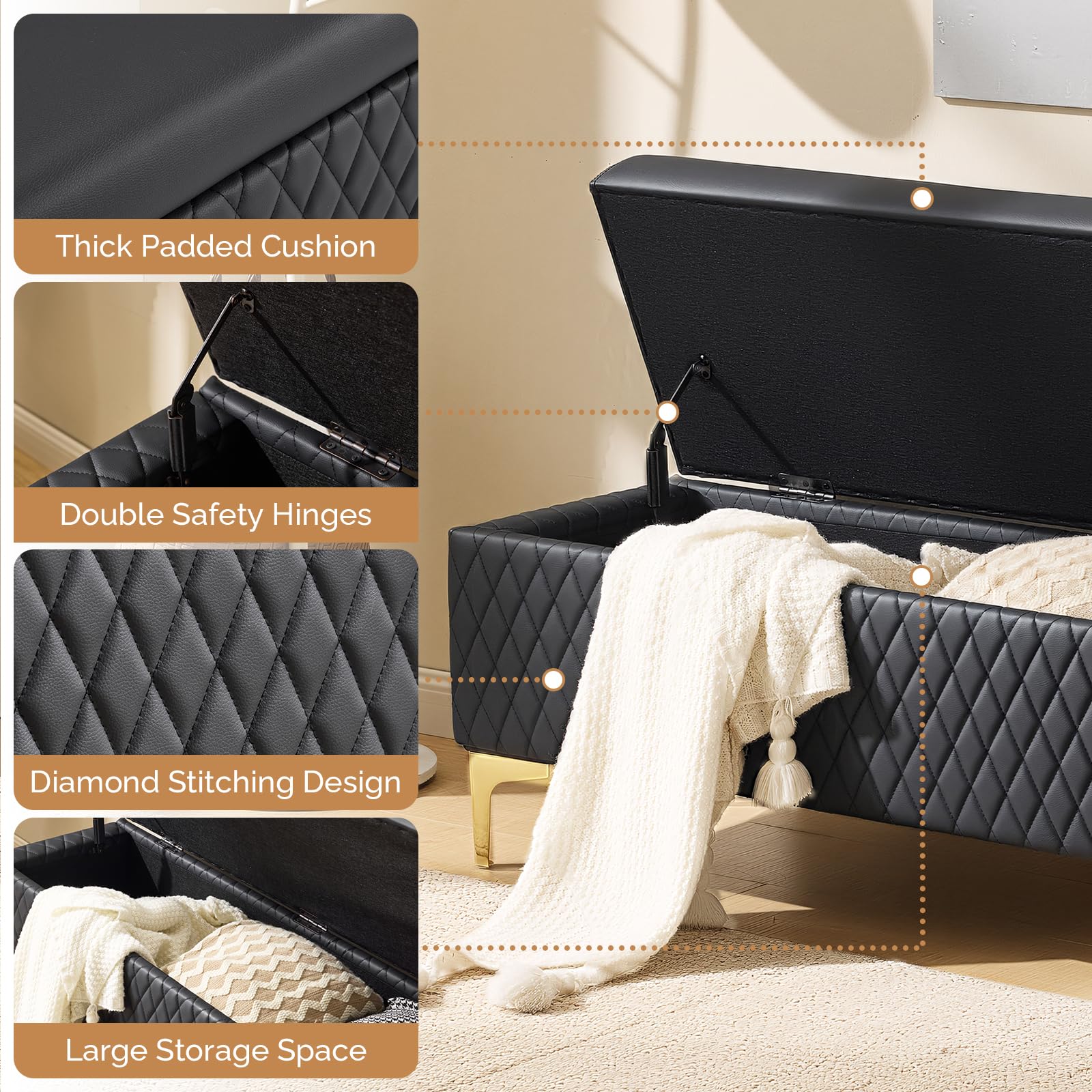 OmySalon WRB1701 53.7in Faux Leather Waiting Room Reception Bench Chair with Hidden Storage - Image 5