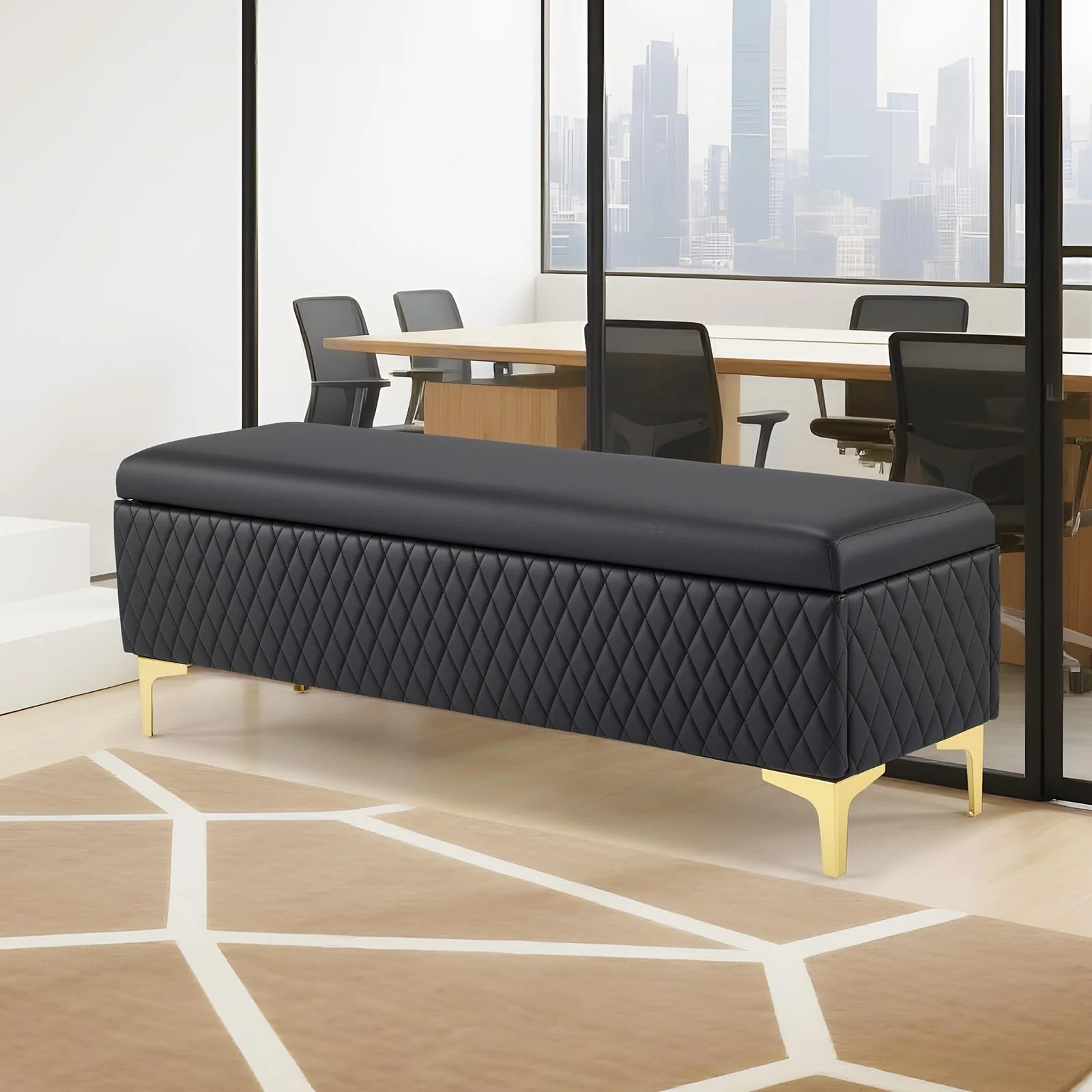 OmySalon WRB1701 53.7in Faux Leather Waiting Room Reception Bench Chair with Hidden Storage - Image 8