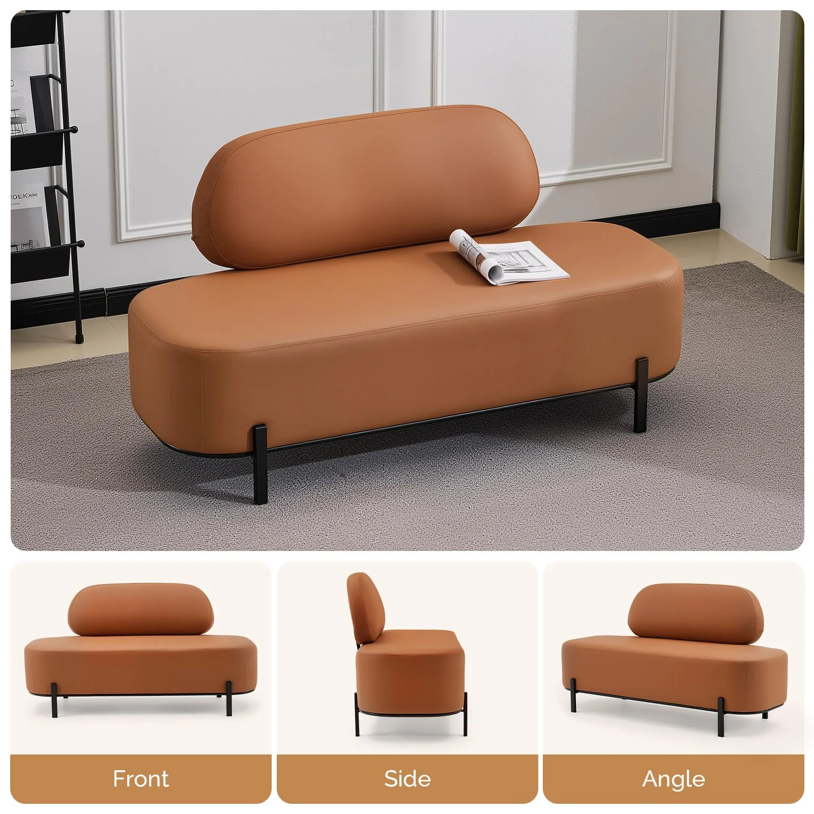 OmySalon WRB1801 55.1in Faux Leather Upholstered Waiting Room Reception Bench Chair with Backrest - Image 11