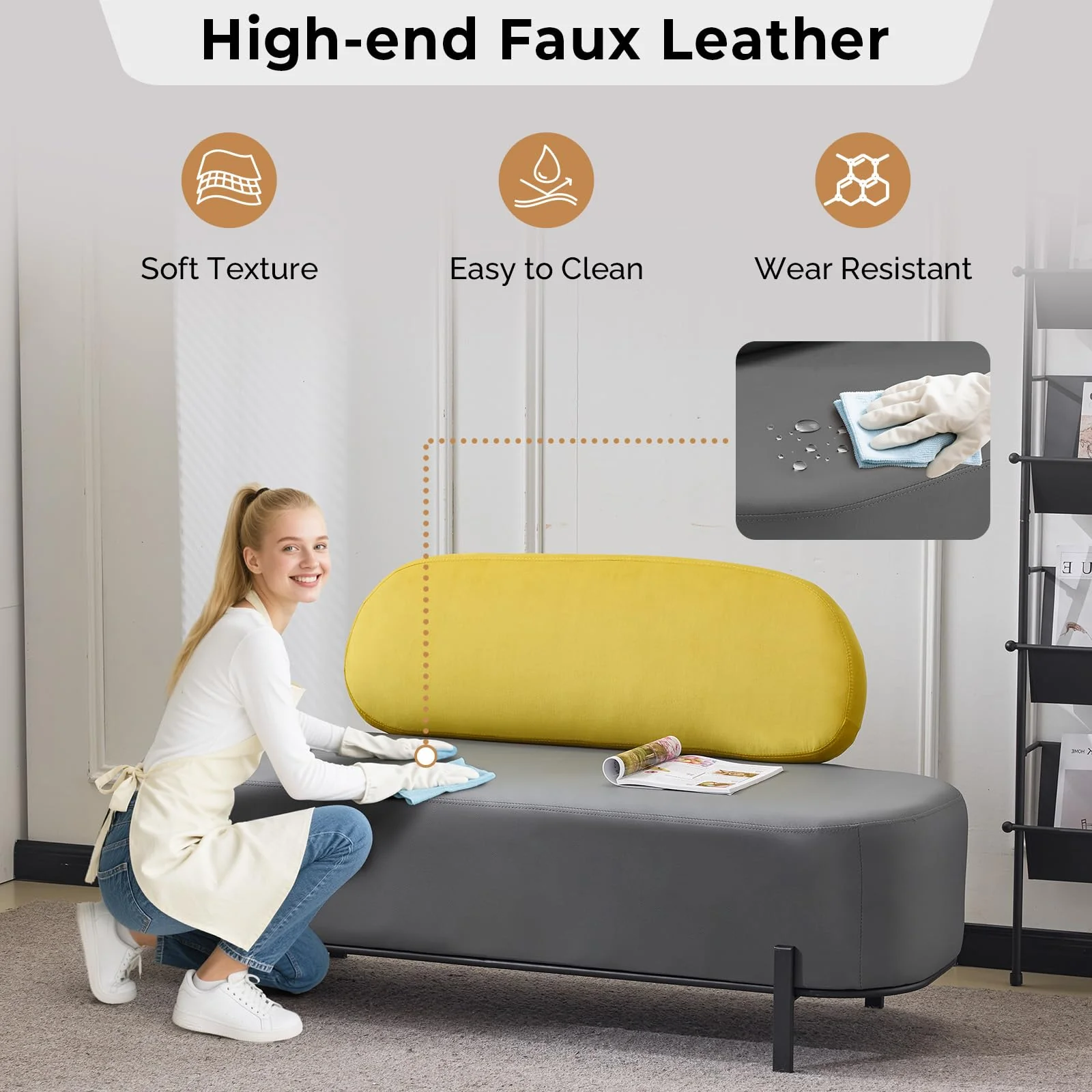 OmySalon WRB1801 55.1in Faux Leather Upholstered Waiting Room Reception Bench Chair with Backrest - Image 20