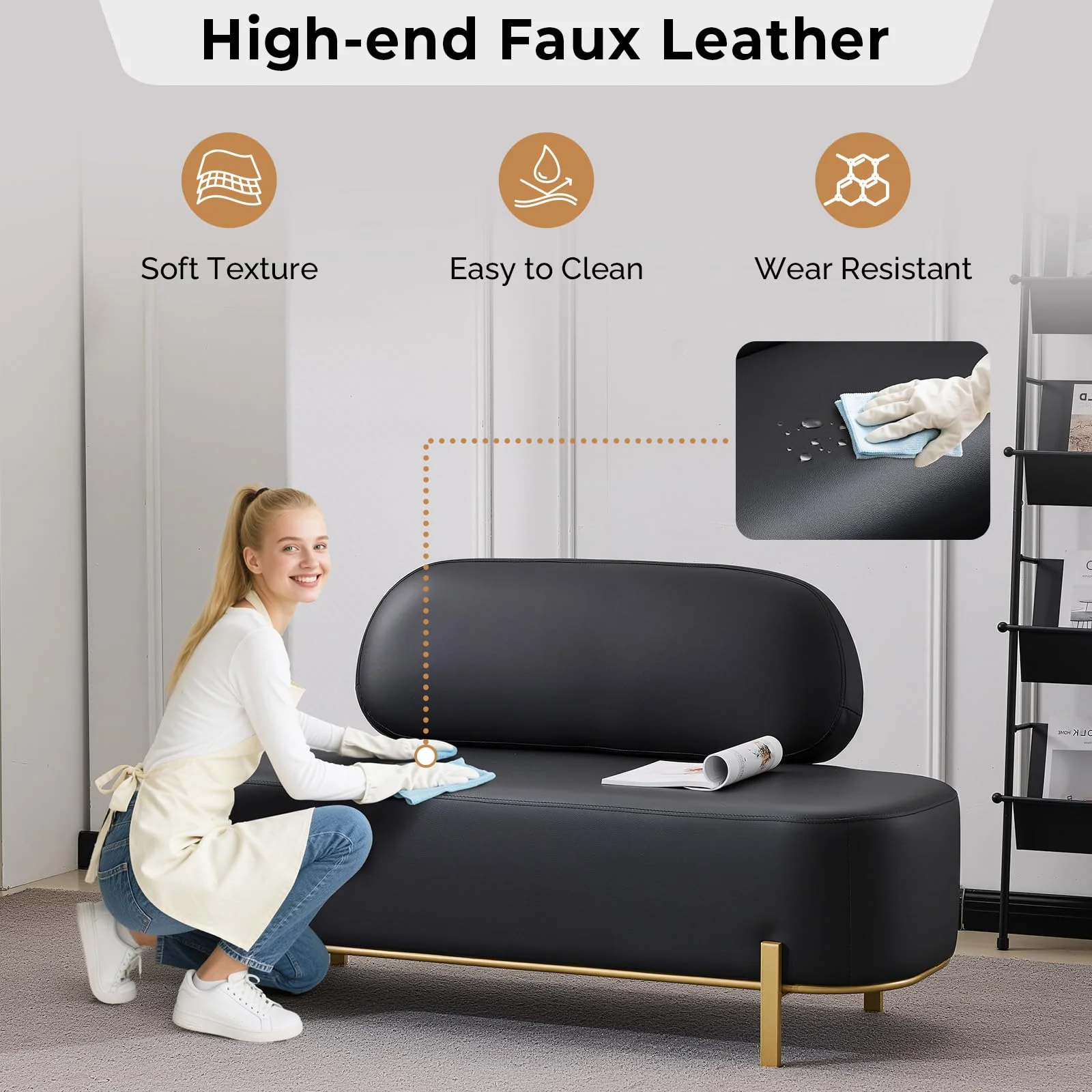 OmySalon WRB1801 55.1in Faux Leather Upholstered Waiting Room Reception Bench Chair with Backrest - Image 3