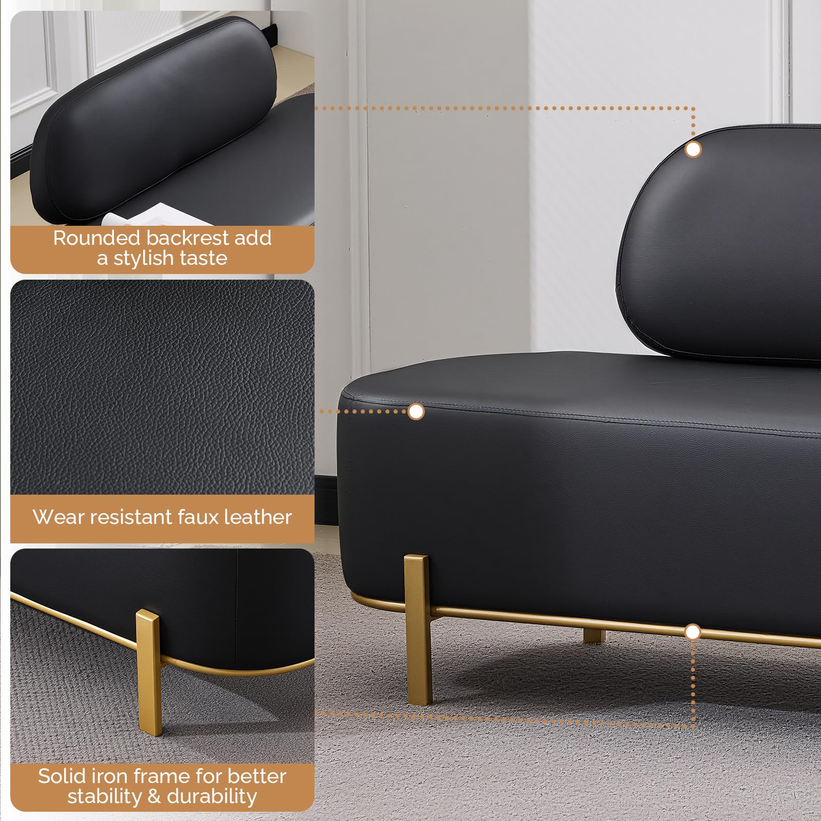 OmySalon WRB1801 55.1in Faux Leather Upholstered Waiting Room Reception Bench Chair with Backrest - Image 6