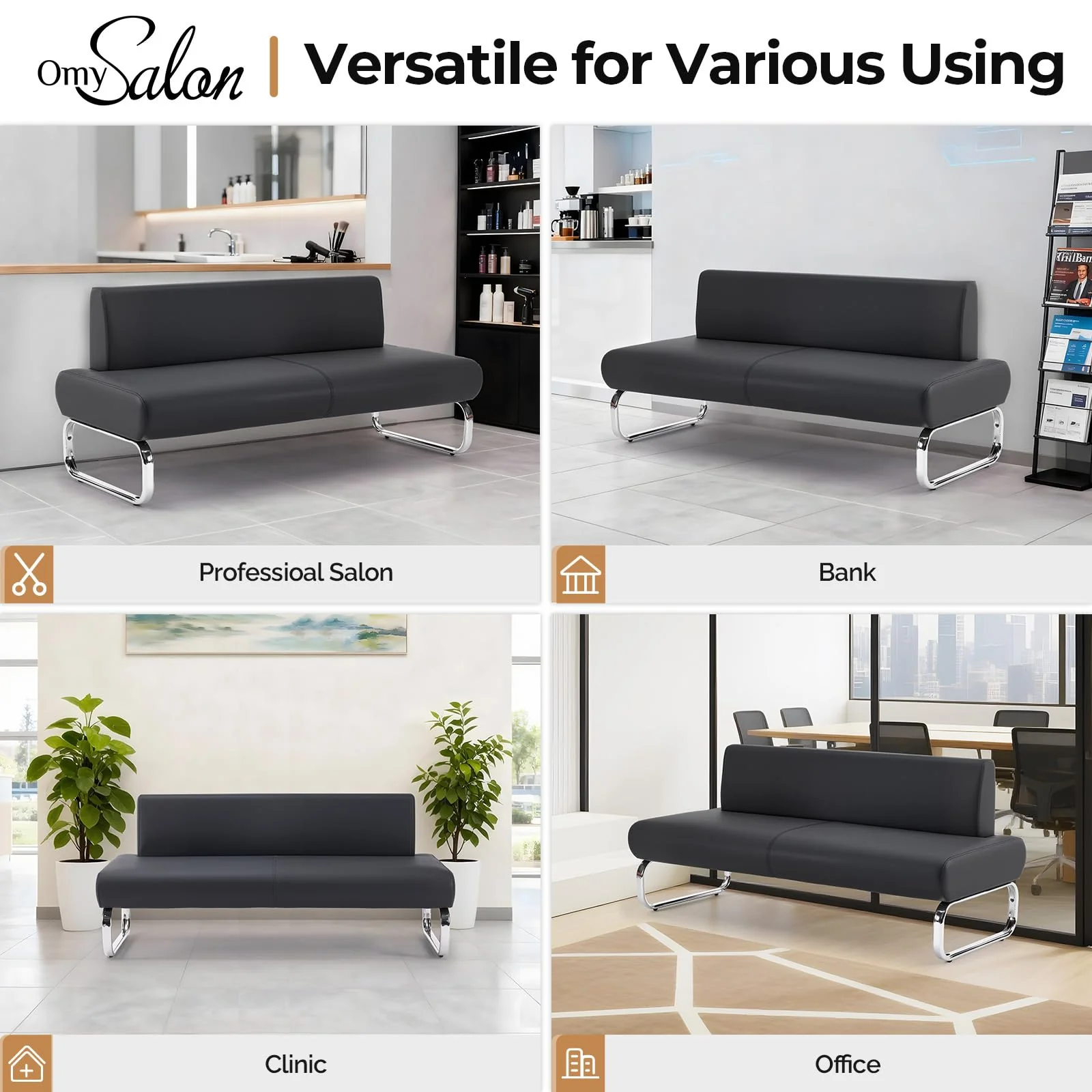 OmySalon WRB2001 Modern 59in Faux Leather Waiting Room Reception Bench Chair with Backrest - Image 8
