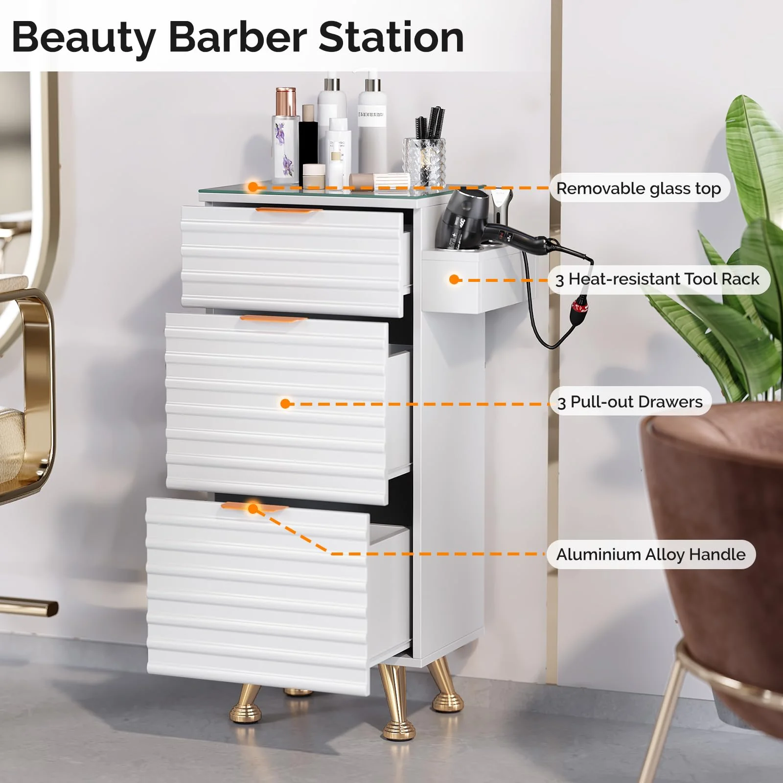 OmySalon WSCTD Salon Styling Storage Station w/Removable Glass Top & 3 Drawers 3 Hot Tool Holders - Image 11