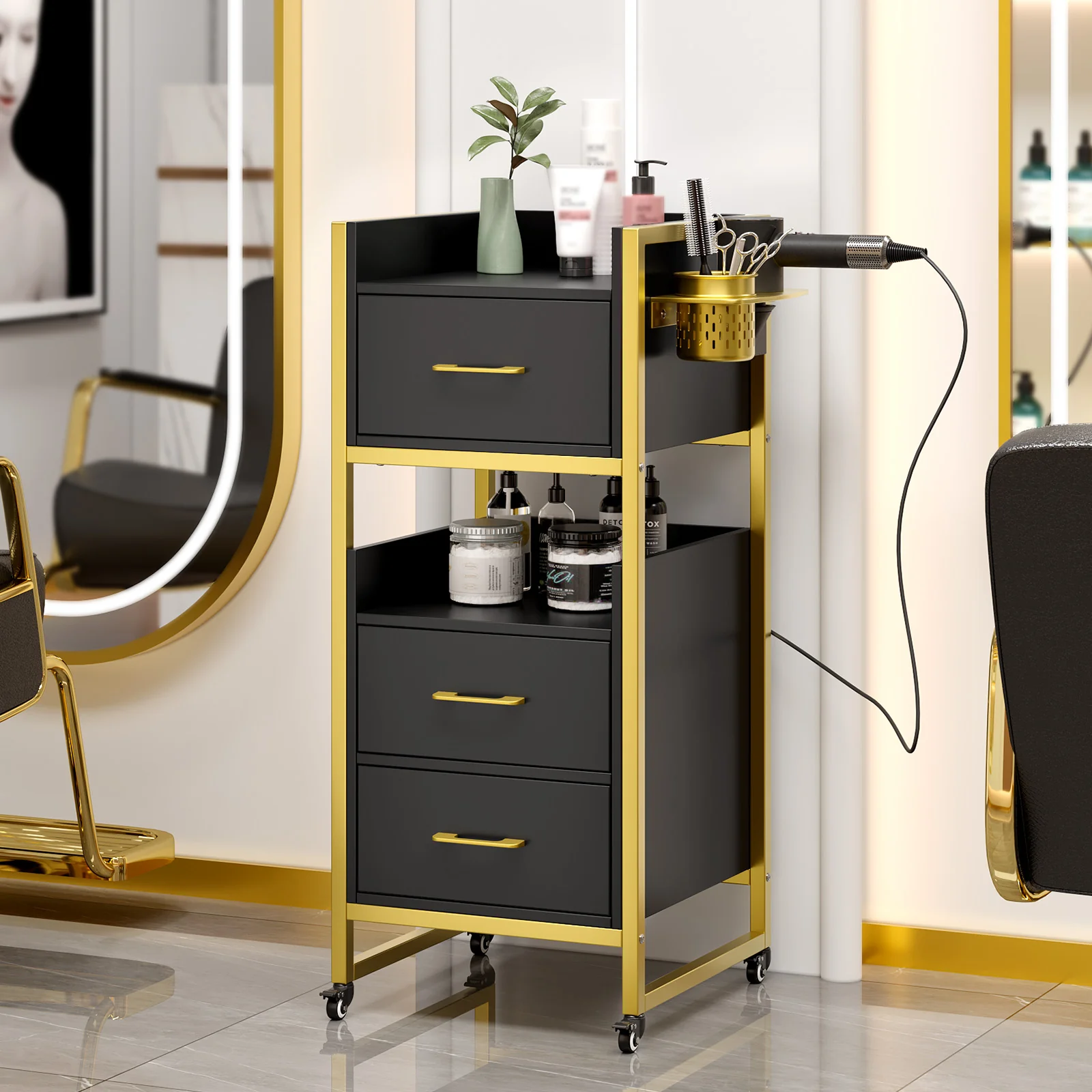 OmySalon WSCTD Wooden Mobile Salon Trolley Cart w/Wheels & 3 Drawers 2 Open Shelves 2 Tool Holders - Image 11