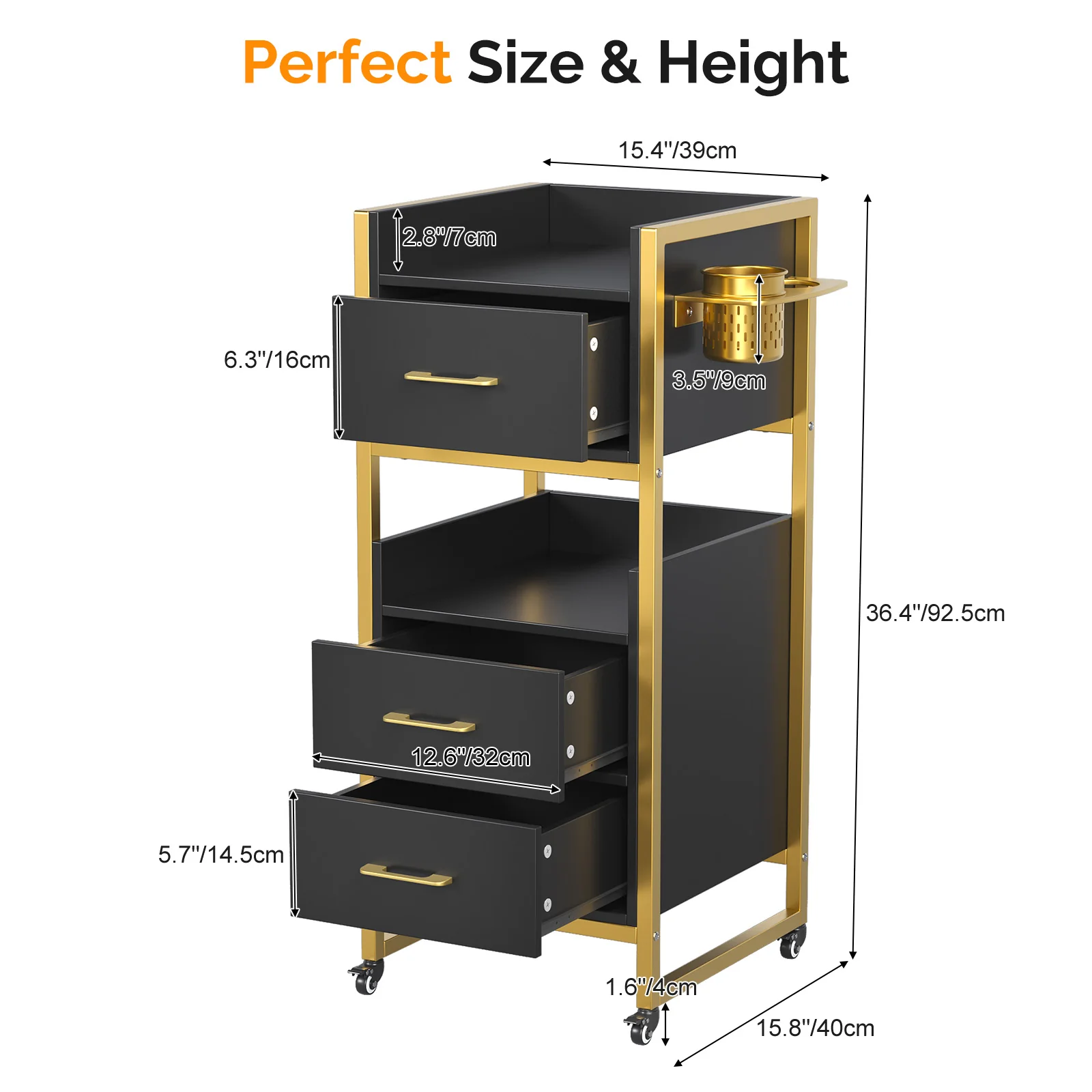 OmySalon WSCTD Wooden Mobile Salon Trolley Cart w/Wheels & 3 Drawers 2 Open Shelves 2 Tool Holders - Image 12