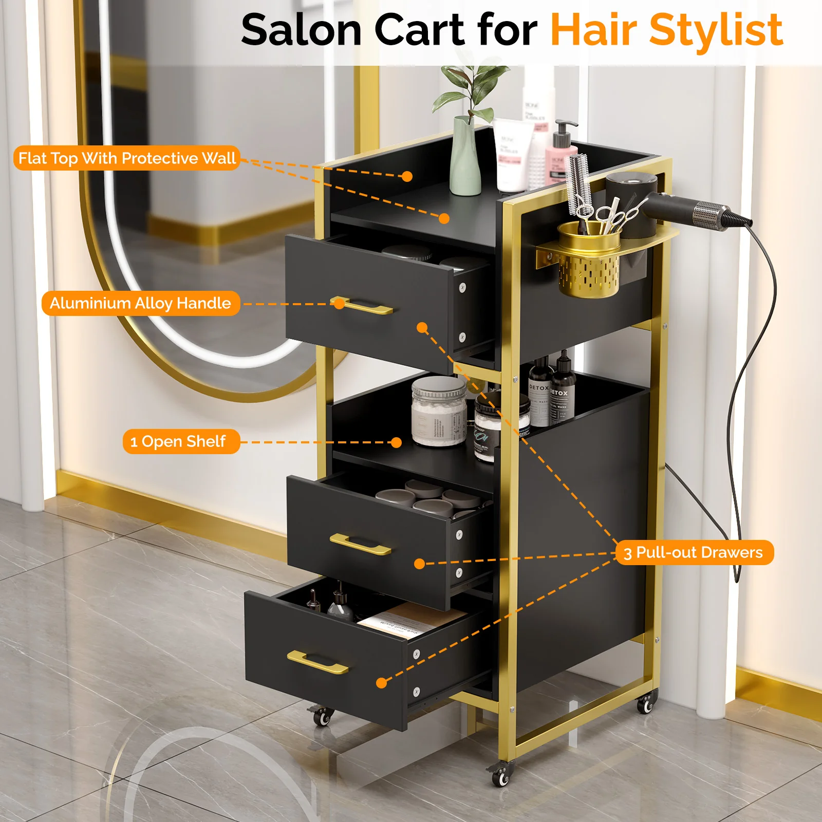 OmySalon WSCTD Wooden Mobile Salon Trolley Cart w/Wheels & 3 Drawers 2 Open Shelves 2 Tool Holders - Image 13