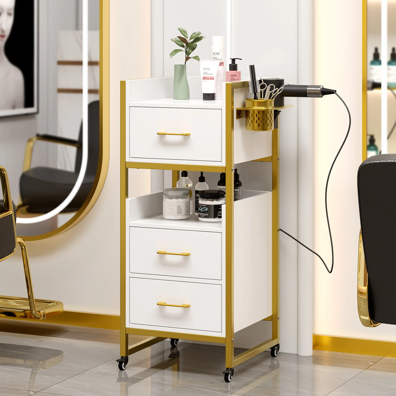 OmySalon WSCTD Wooden Mobile Salon Trolley Cart w/Wheels & 3 Drawers 2 Open Shelves 2 Tool Holders - Image 2