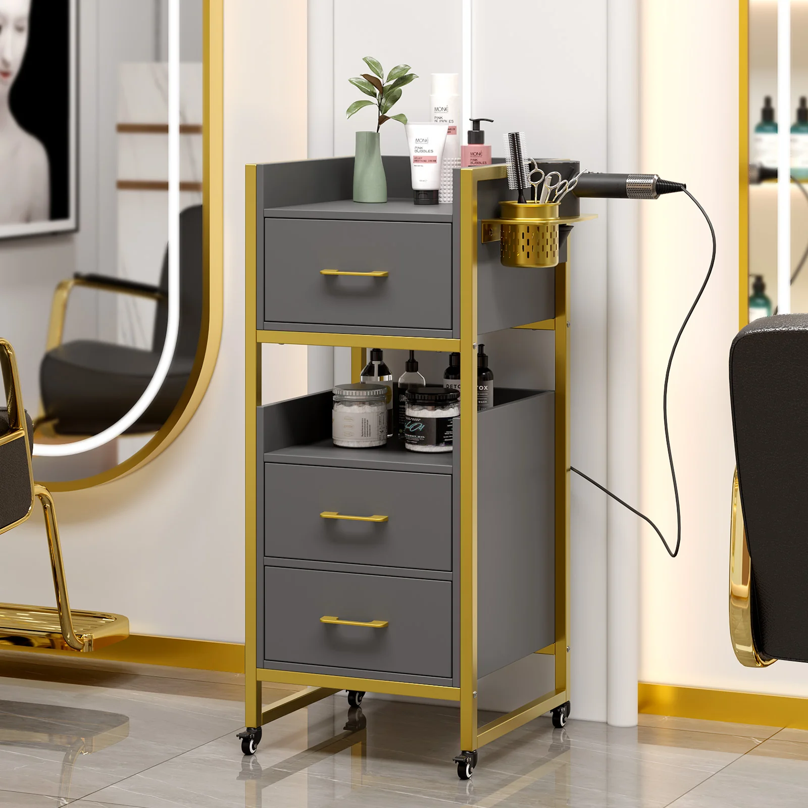 OmySalon WSCTD Wooden Mobile Salon Trolley Cart w/Wheels & 3 Drawers 2 Open Shelves 2 Tool Holders - Image 20