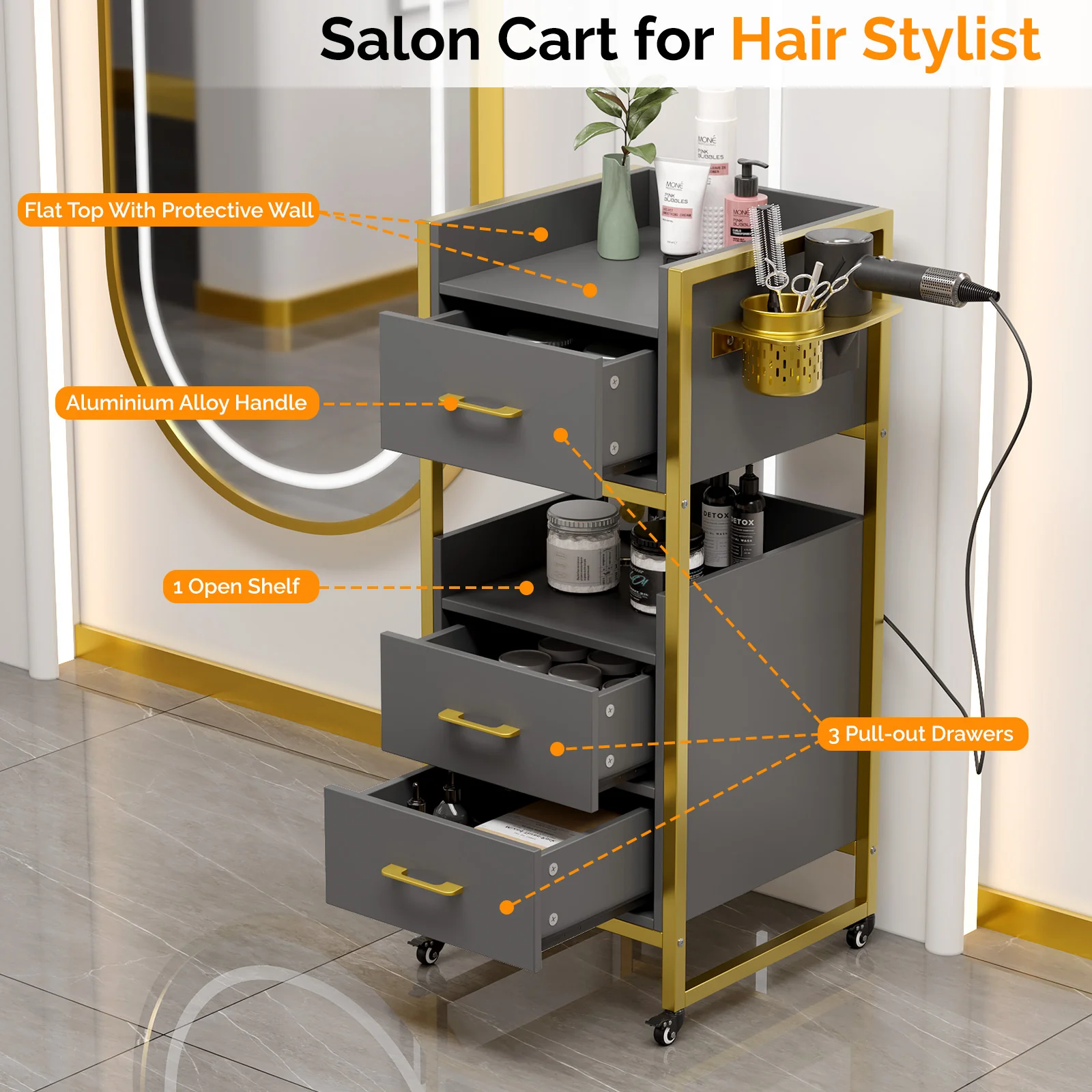 OmySalon WSCTD Wooden Mobile Salon Trolley Cart w/Wheels & 3 Drawers 2 Open Shelves 2 Tool Holders - Image 22
