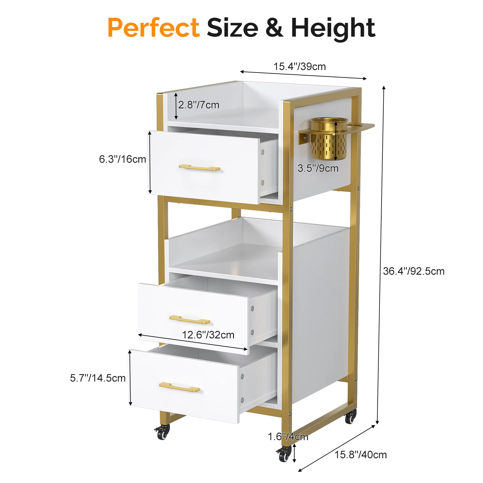 OmySalon WSCTD Wooden Mobile Salon Trolley Cart w/Wheels & 3 Drawers 2 Open Shelves 2 Tool Holders - Image 3