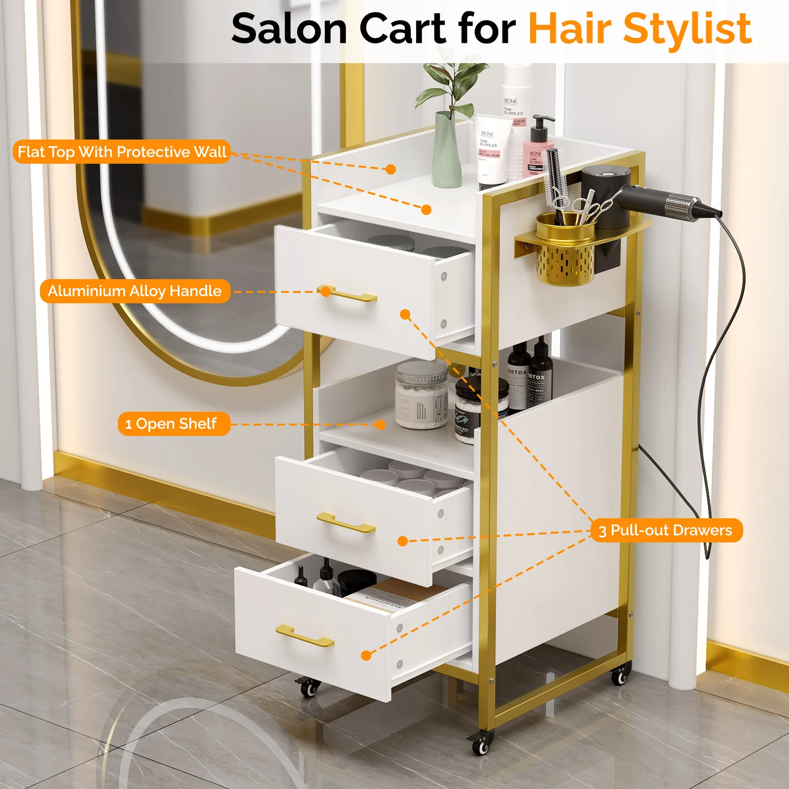 OmySalon WSCTD Wooden Mobile Salon Trolley Cart w/Wheels & 3 Drawers 2 Open Shelves 2 Tool Holders - Image 4