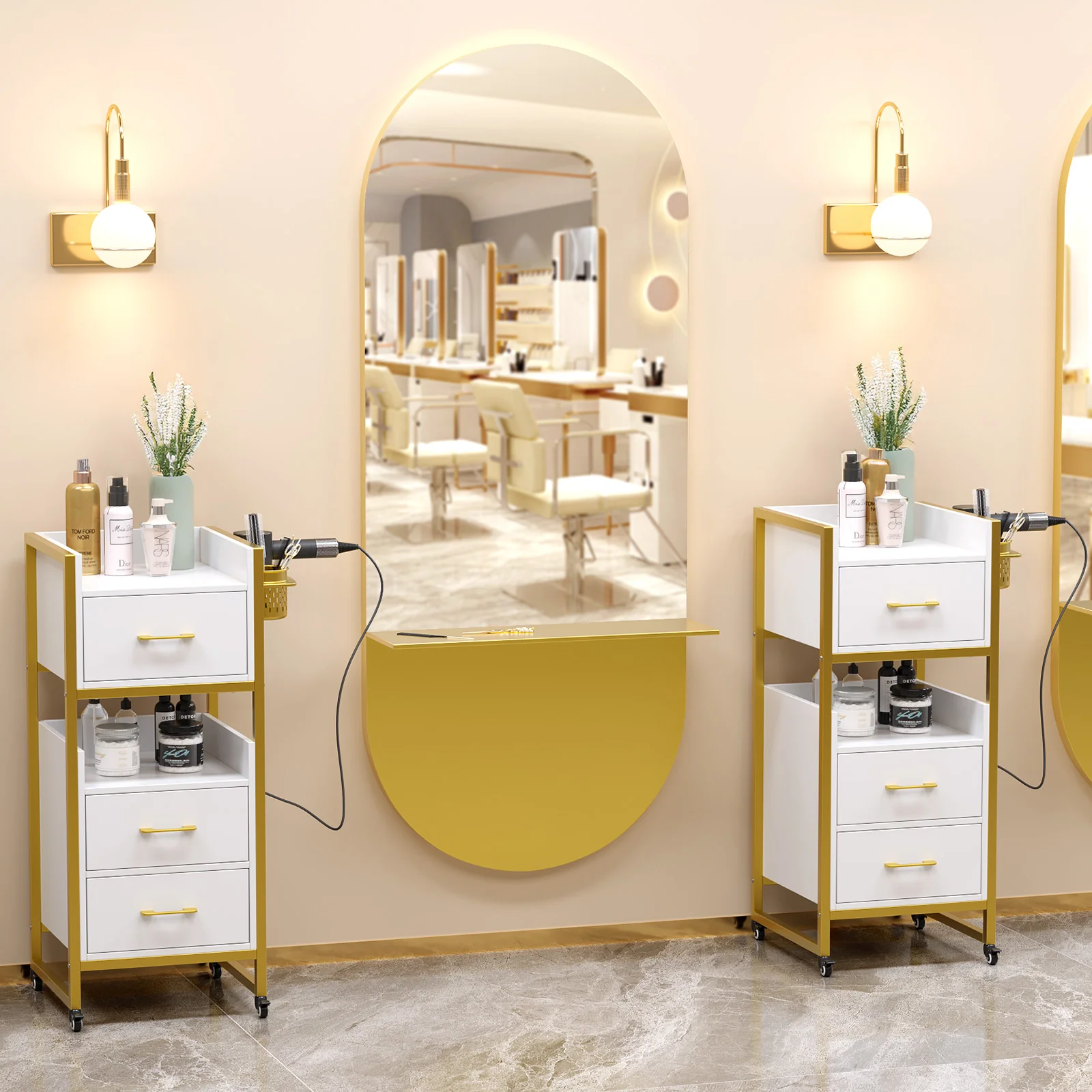 OmySalon WSCTD Wooden Mobile Salon Trolley Cart w/Wheels & 3 Drawers 2 Open Shelves 2 Tool Holders - Image 9