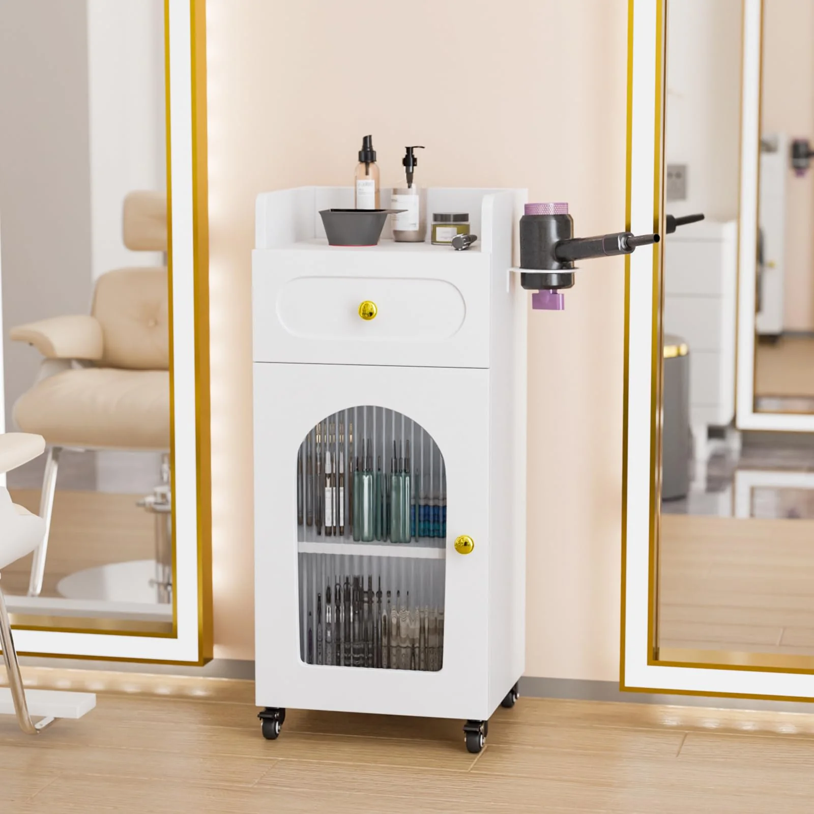 OmySalon WSTC Wooden Mobile Salon Trolley Cart w/Wheels & Glass Door & Dryer Holder - Image 10
