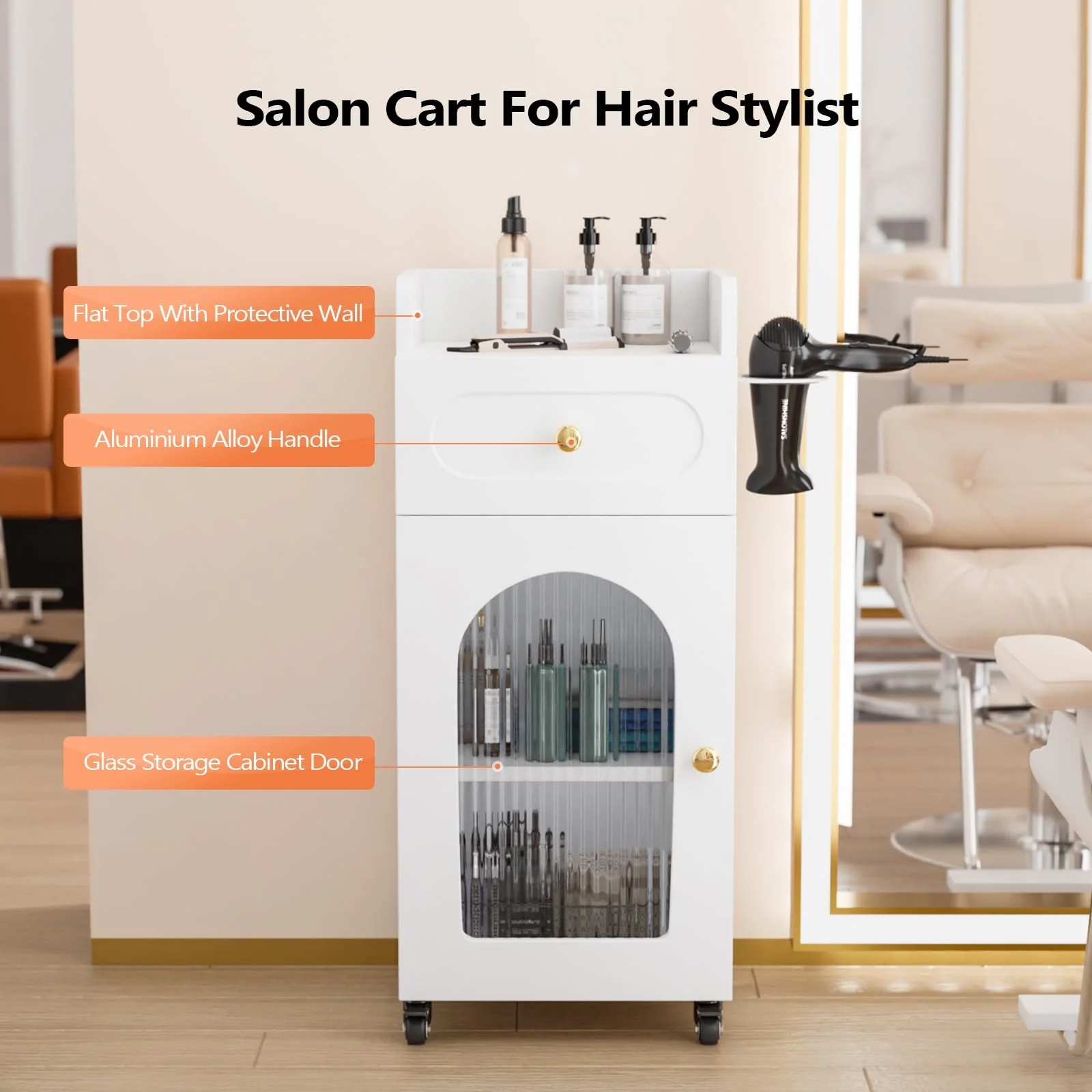 OmySalon WSTC Wooden Mobile Salon Trolley Cart w/Wheels & Glass Door & Dryer Holder - Image 11