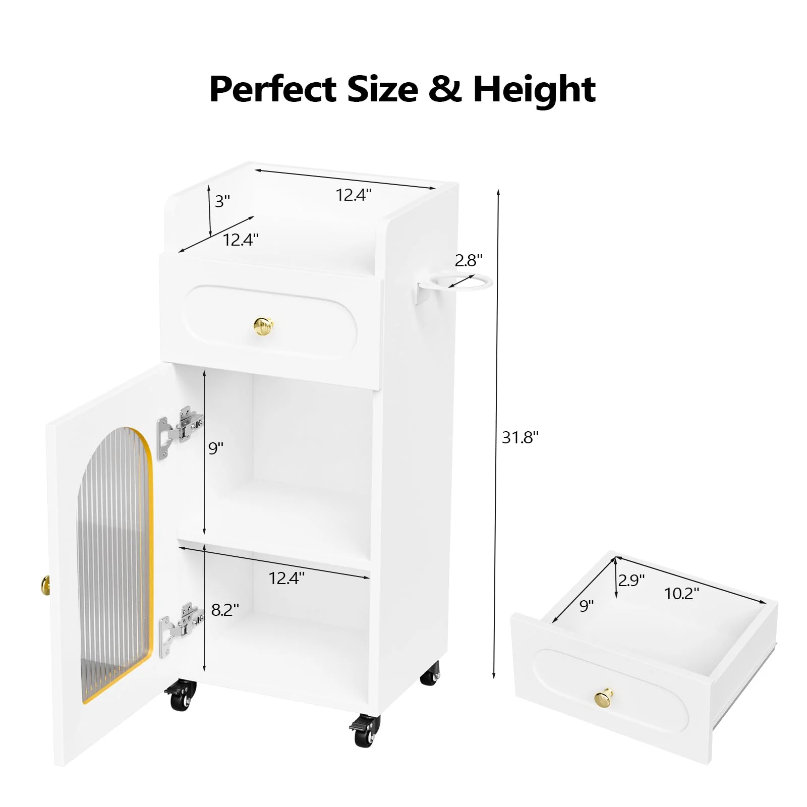 OmySalon WSTC Wooden Mobile Salon Trolley Cart w/Wheels & Glass Door & Dryer Holder - Image 16