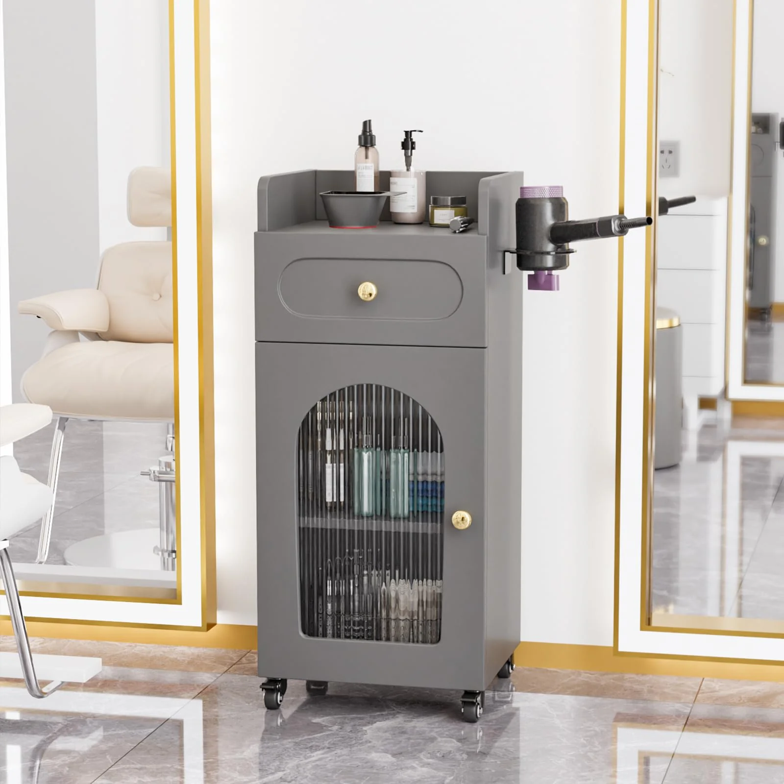 OmySalon WSTC Wooden Mobile Salon Trolley Cart w/Wheels & Glass Door & Dryer Holder - Image 18