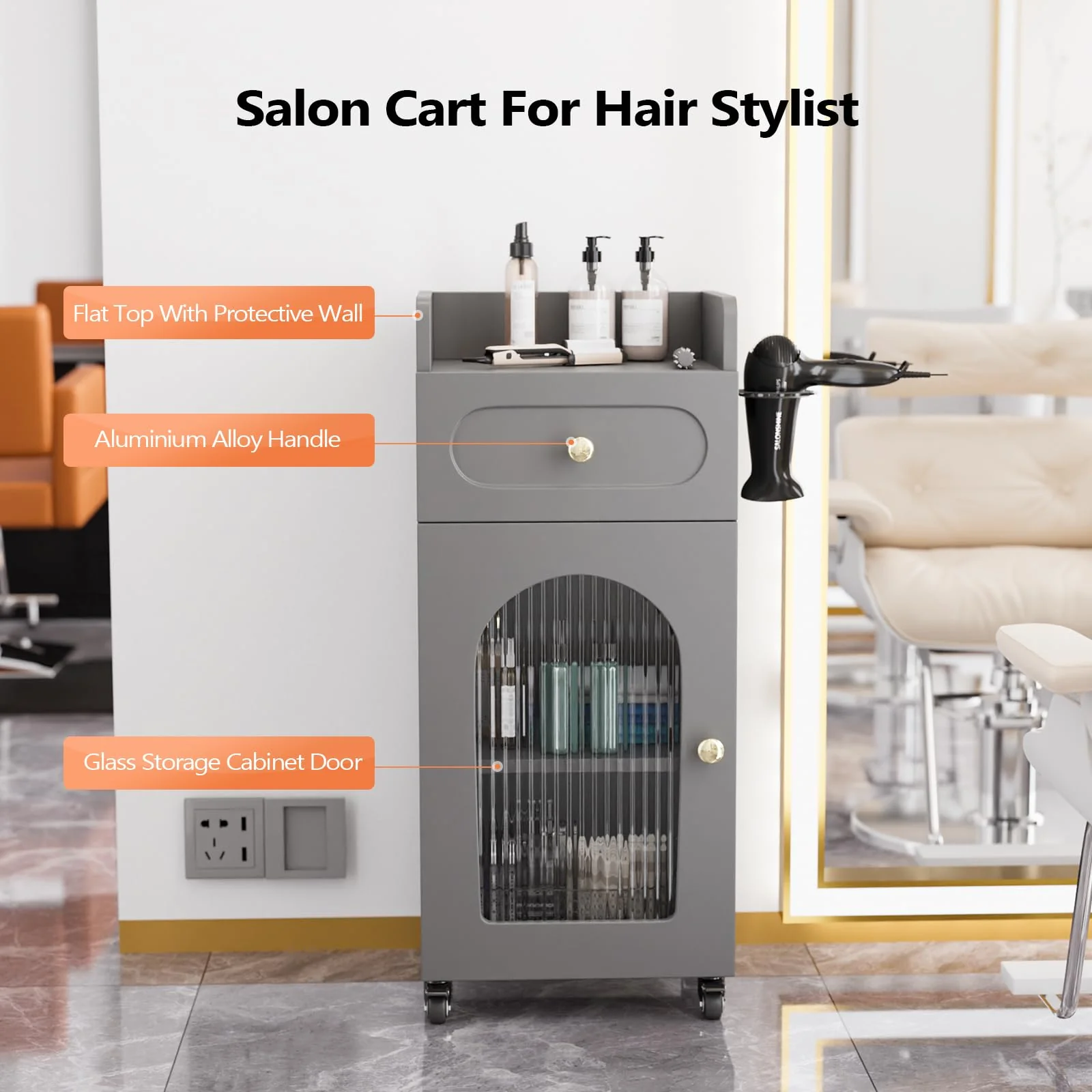 OmySalon WSTC Wooden Mobile Salon Trolley Cart w/Wheels & Glass Door & Dryer Holder - Image 19