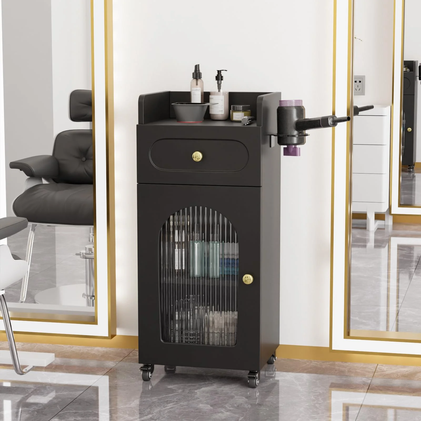 OmySalon WSTC Wooden Mobile Salon Trolley Cart w/Wheels & Glass Door & Dryer Holder - Image 2