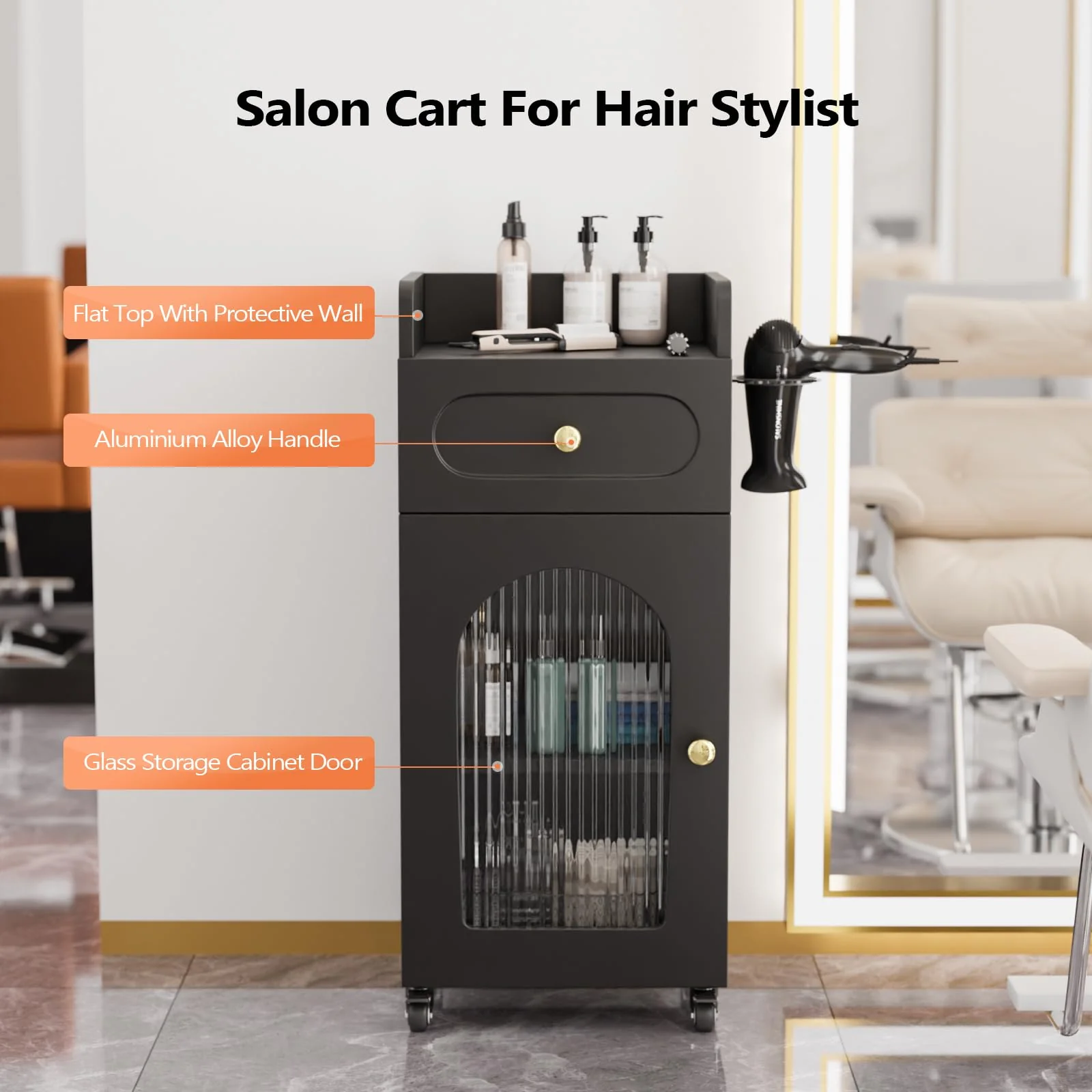 OmySalon WSTC Wooden Mobile Salon Trolley Cart w/Wheels & Glass Door & Dryer Holder - Image 3