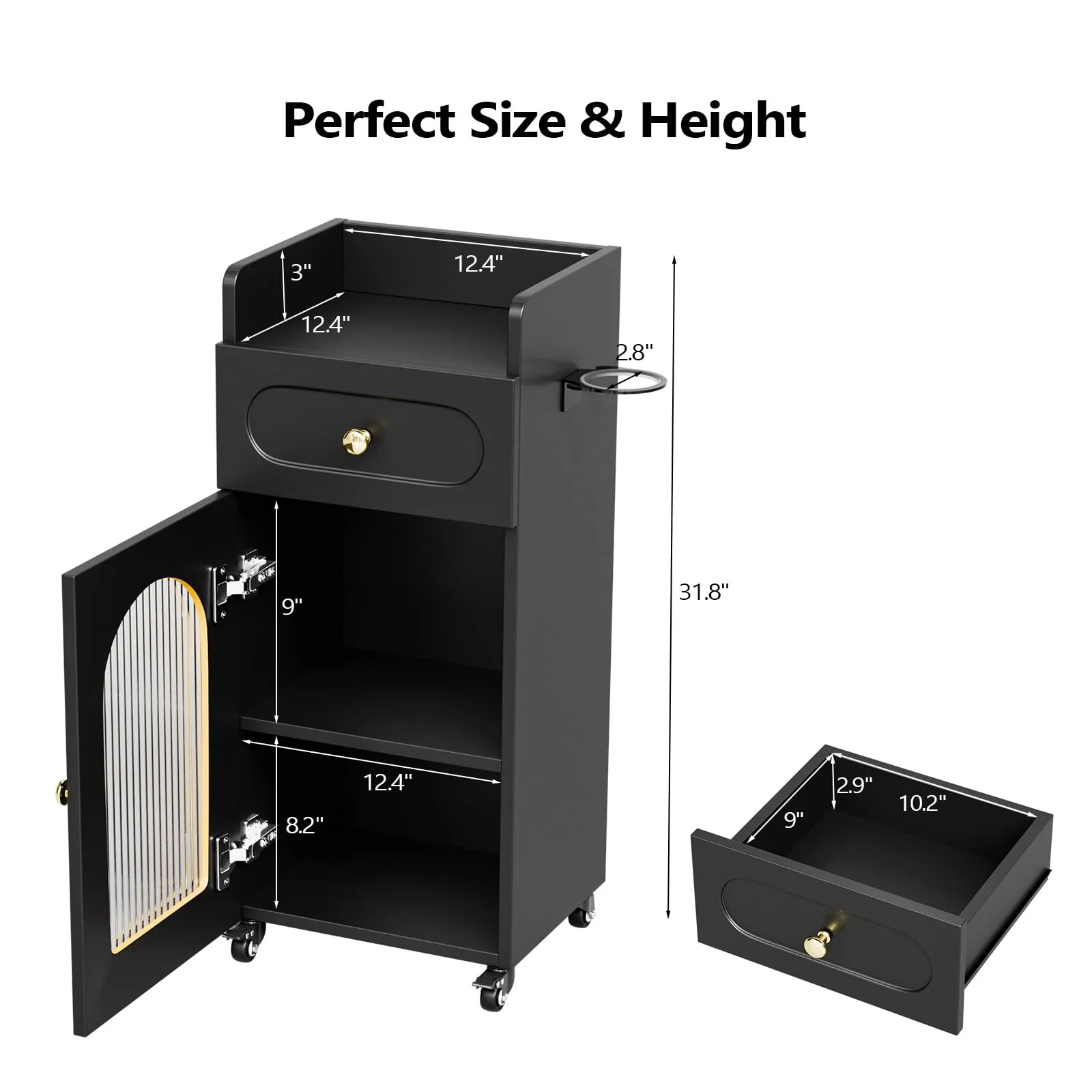 OmySalon WSTC Wooden Mobile Salon Trolley Cart w/Wheels & Glass Door & Dryer Holder - Image 8