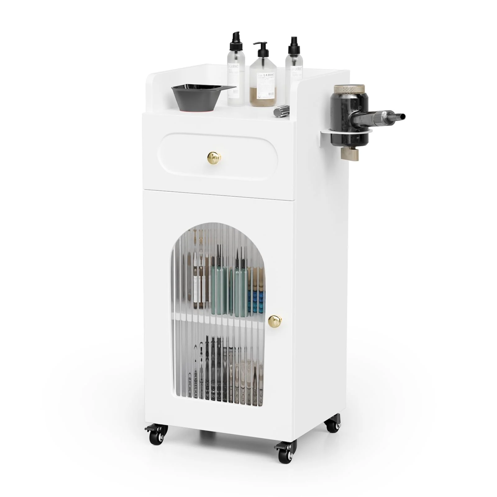 OmySalon WSTC Wooden Mobile Salon Trolley Cart w/Wheels & Glass Door & Dryer Holder - Image 9