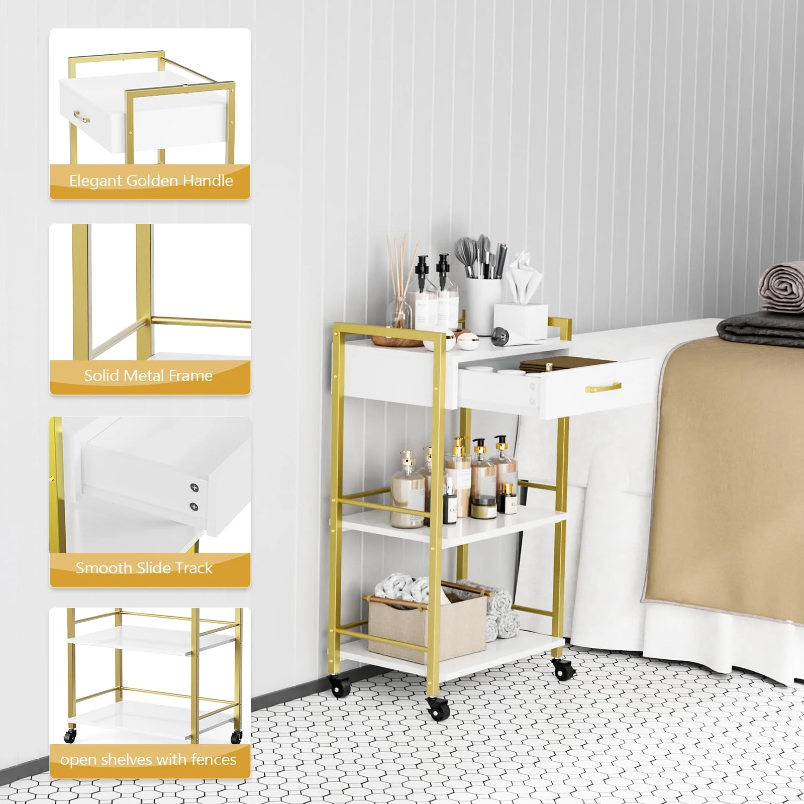 OmySalon Wooden Rolling Utility Esthetician Trolley Cart w/Wheels & Drawer - Image 12