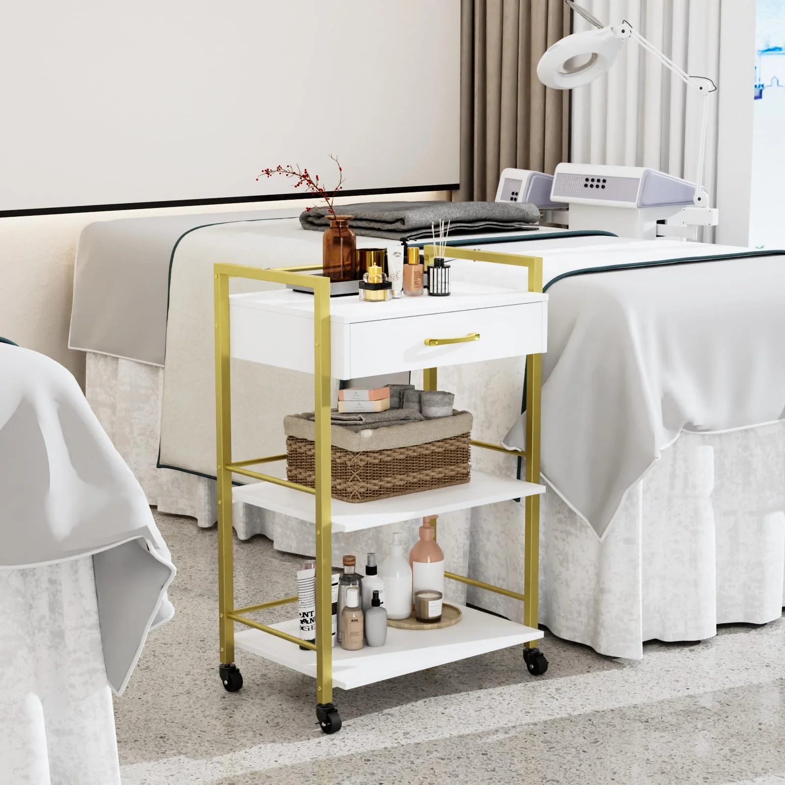 OmySalon Wooden Rolling Utility Esthetician Trolley Cart w/Wheels & Drawer - Image 18
