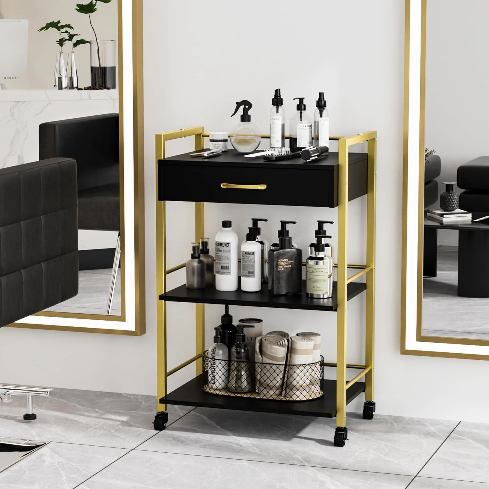 OmySalon Wooden Rolling Utility Esthetician Trolley Cart w/Wheels & Drawer - Image 20