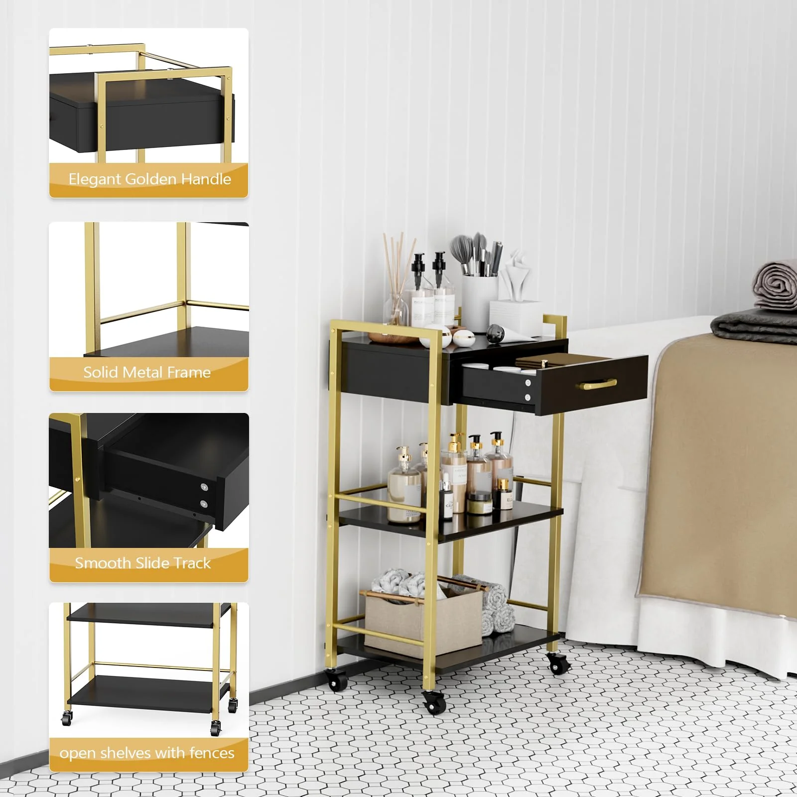 OmySalon Wooden Rolling Utility Esthetician Trolley Cart w/Wheels & Drawer - Image 21