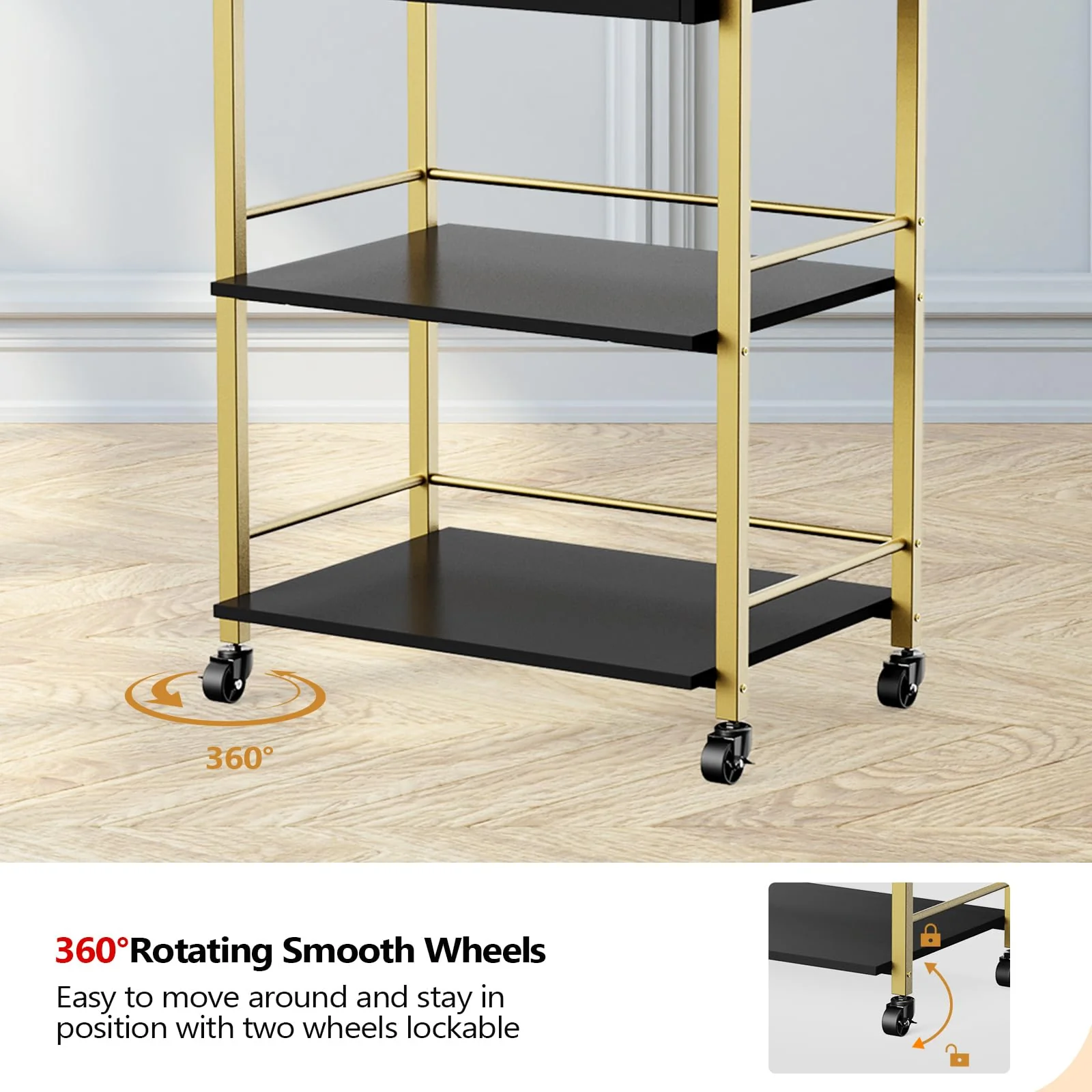 OmySalon Wooden Rolling Utility Esthetician Trolley Cart w/Wheels & Drawer - Image 25
