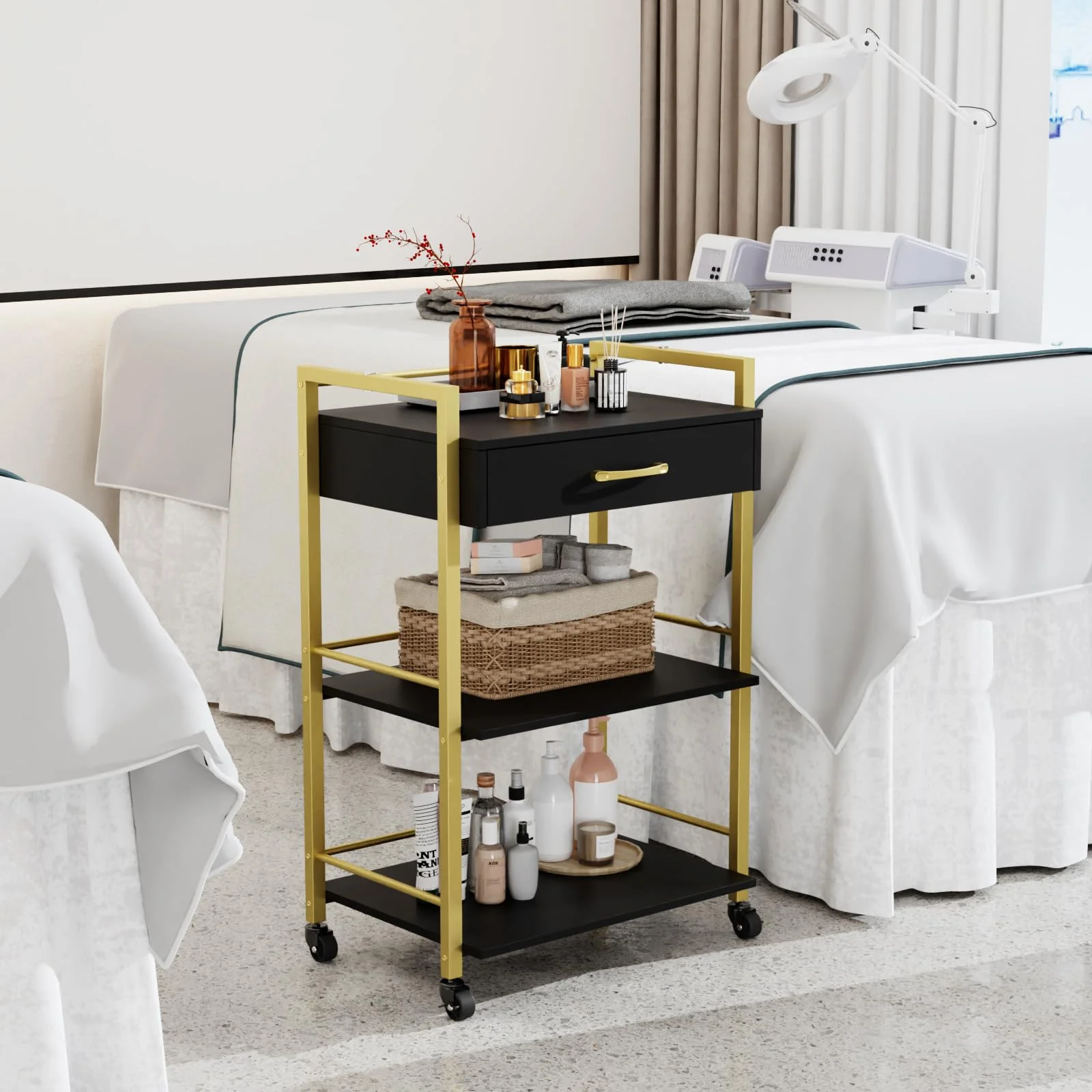 OmySalon Wooden Rolling Utility Esthetician Trolley Cart w/Wheels & Drawer - Image 27
