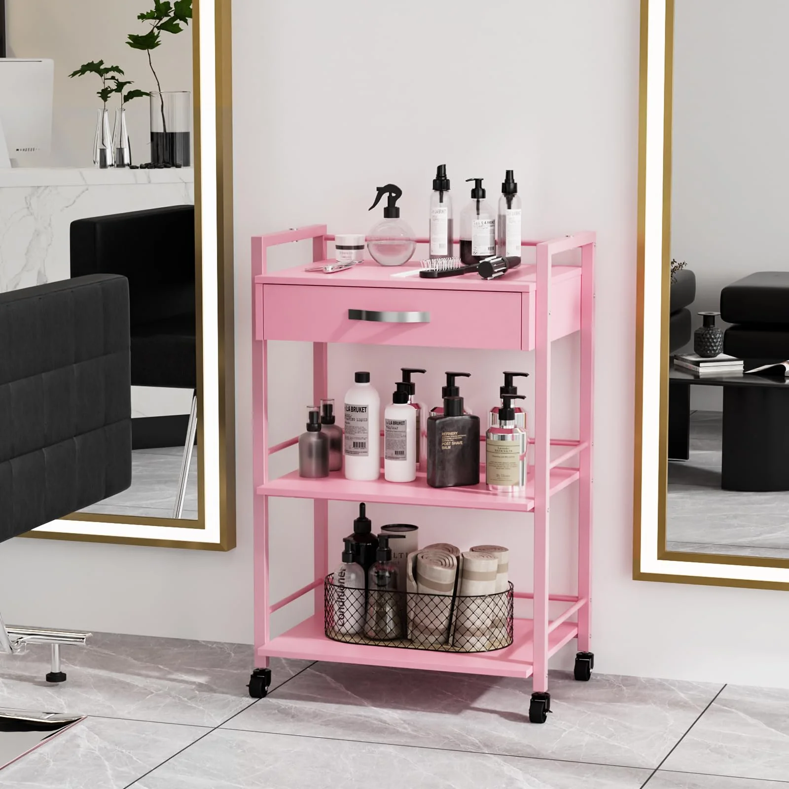 OmySalon Wooden Rolling Utility Esthetician Trolley Cart w/Wheels & Drawer - Image 29