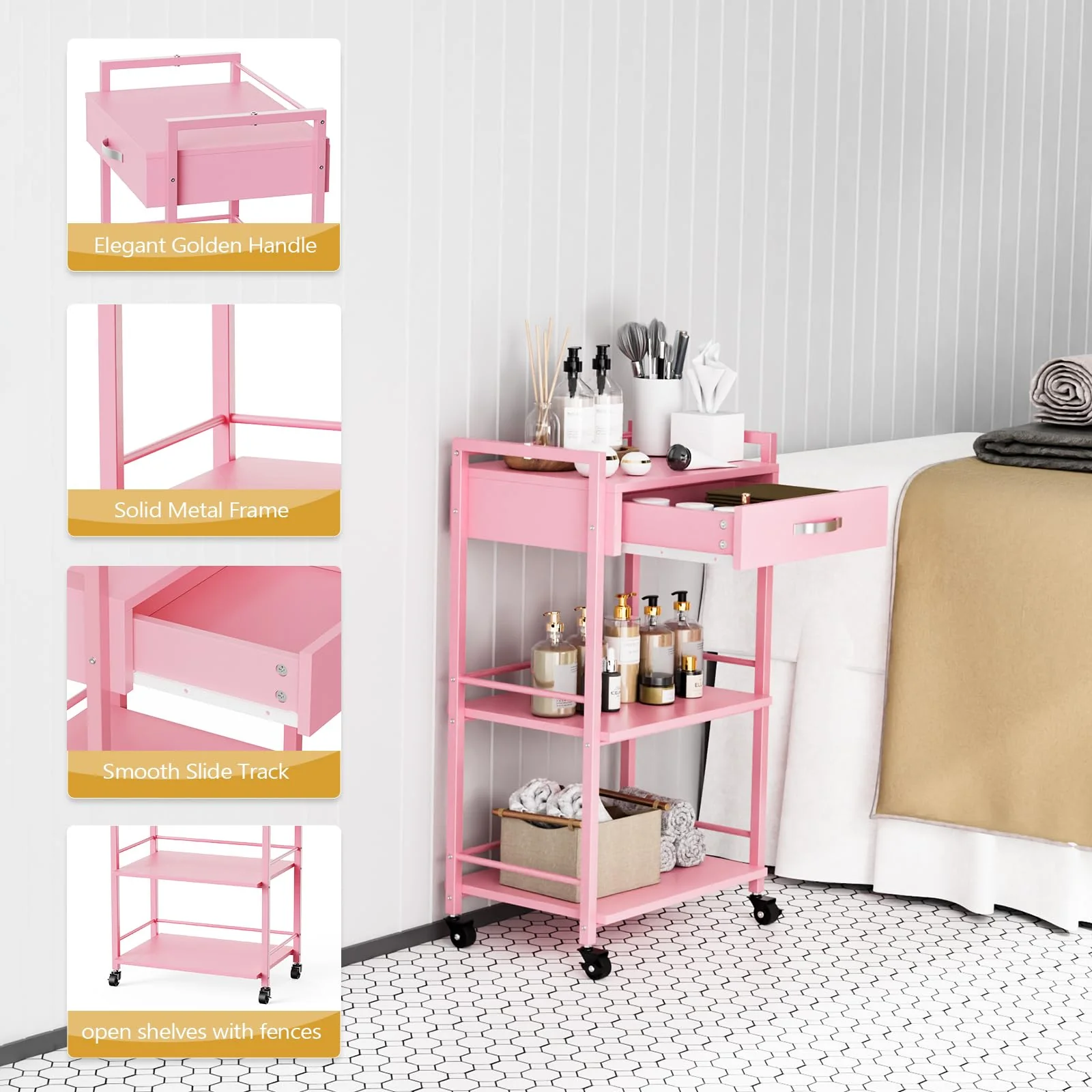 OmySalon Wooden Rolling Utility Esthetician Trolley Cart w/Wheels & Drawer - Image 30