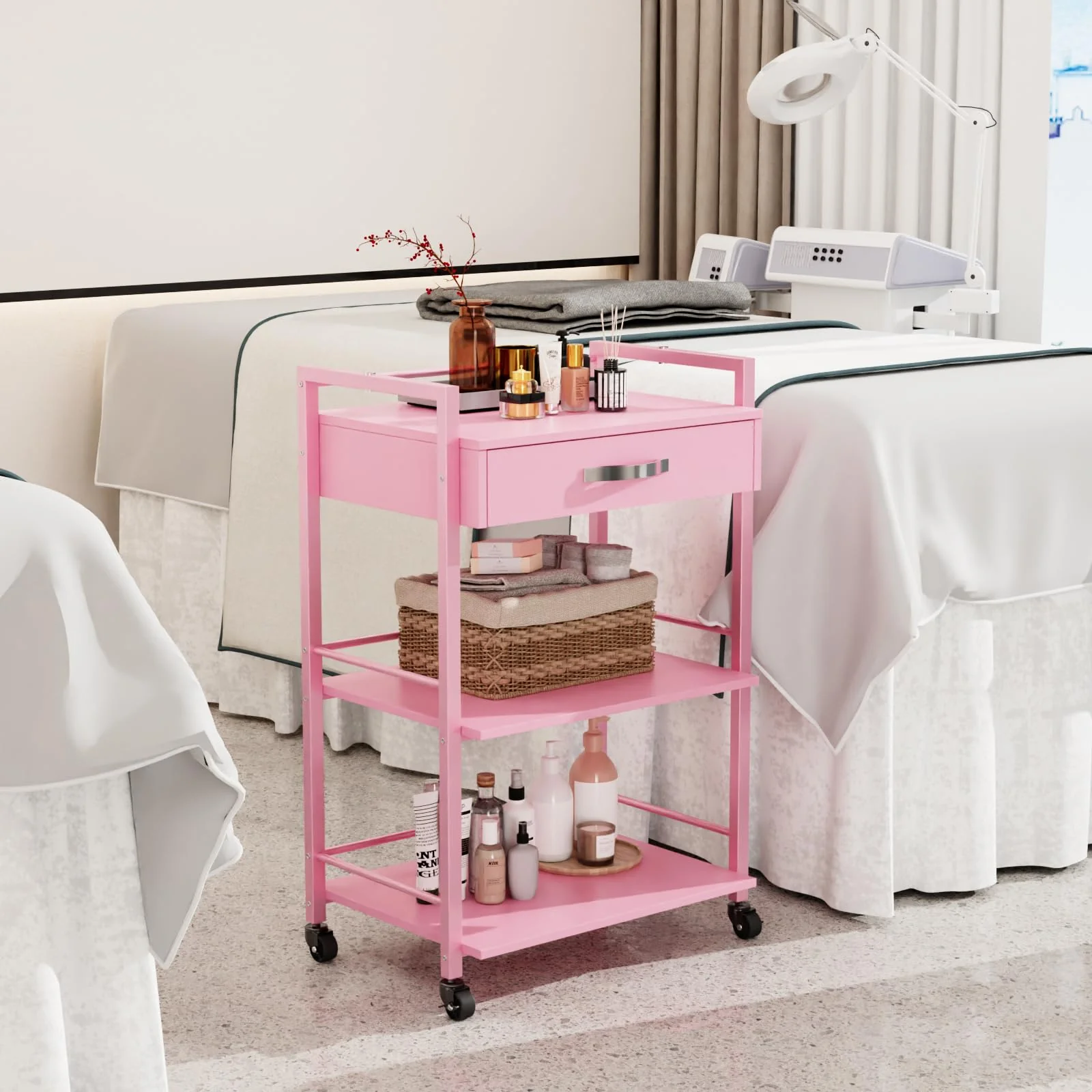 OmySalon Wooden Rolling Utility Esthetician Trolley Cart w/Wheels & Drawer - Image 36